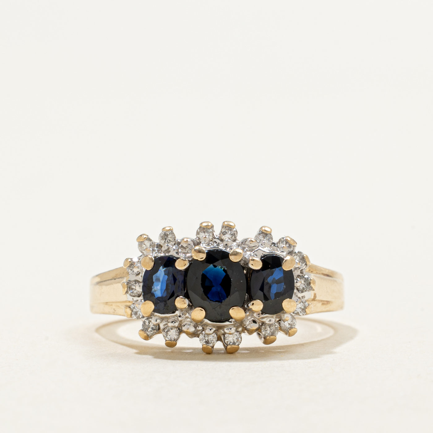 10K Three Stone Sapphire & Diamond Petal Halo Ring | 0.80ctw, 0.15ctw | SZ 5.5