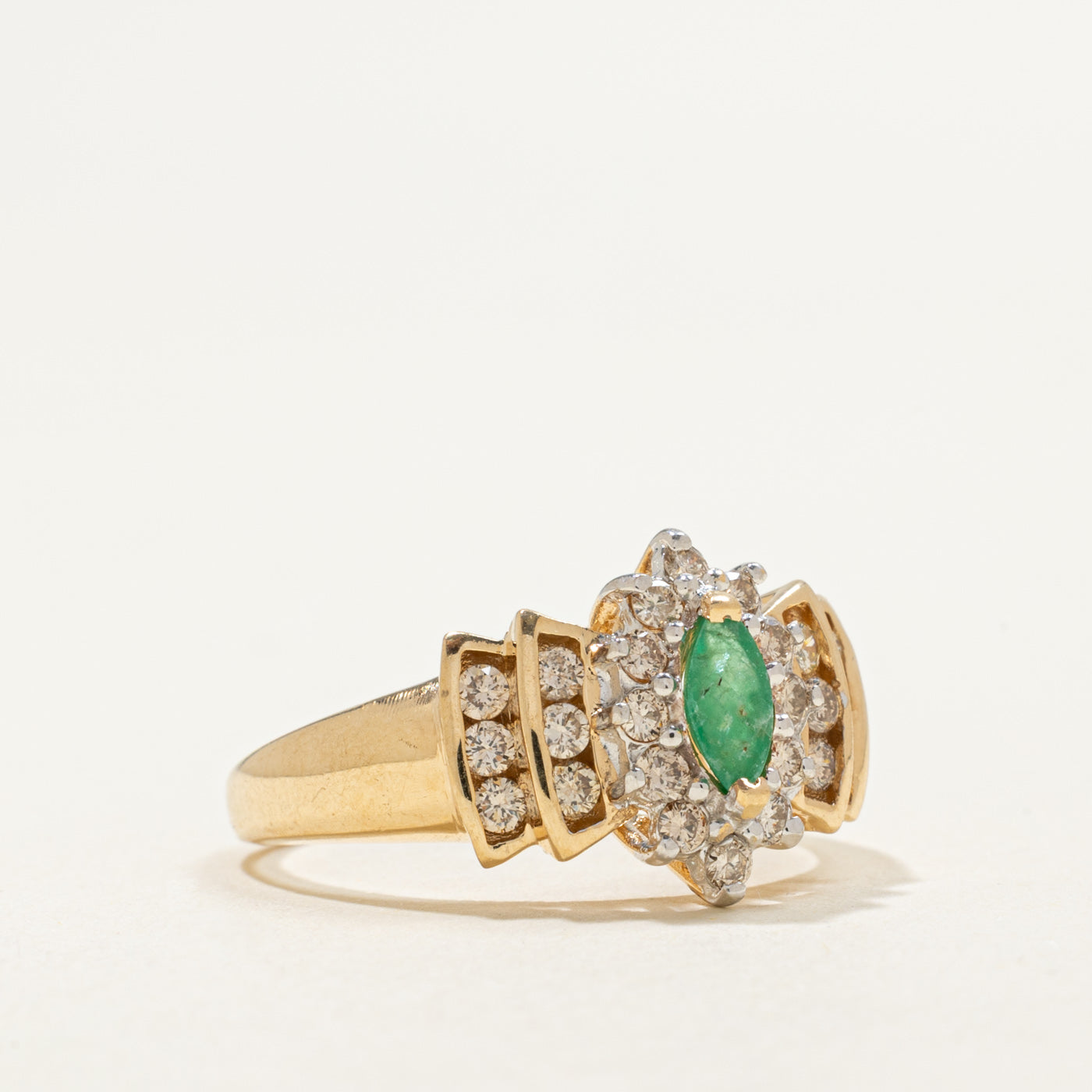 14K Marquise Cut Emerald & Diamond Petal Halo Ring | 0.20ct, 0.42ctw | SZ 7.0