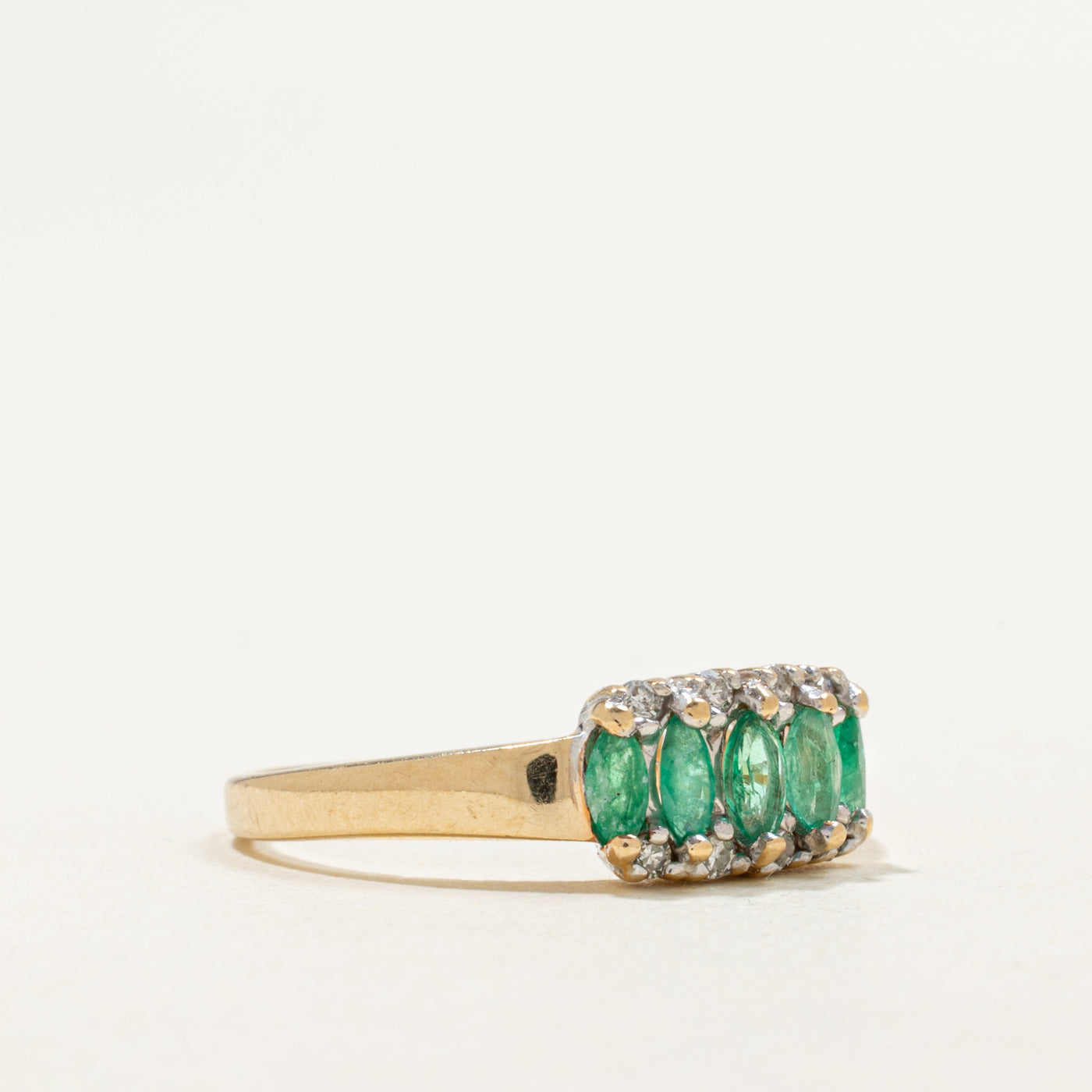 10K Five Stone Marquise Cut Emerald & Diamond Ring | 0.30ctw, 0.08ctw | SZ 7.0