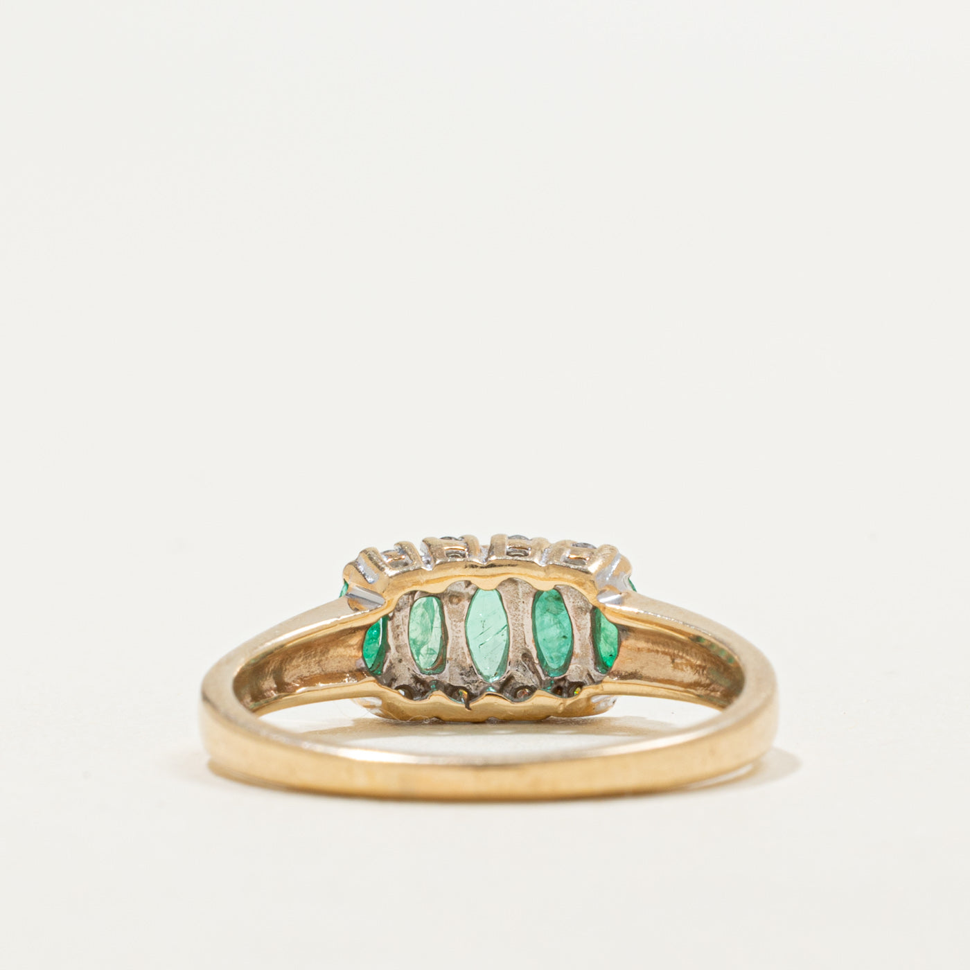 10K Five Stone Marquise Cut Emerald & Diamond Ring | 0.30ctw, 0.08ctw | SZ 7.0