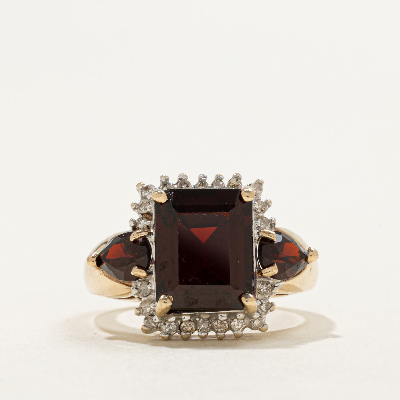 10K Rectangle Cut Garnet & Diamond Accented Ring | 4.80ctw, 0.11ctw | SZ 5.75