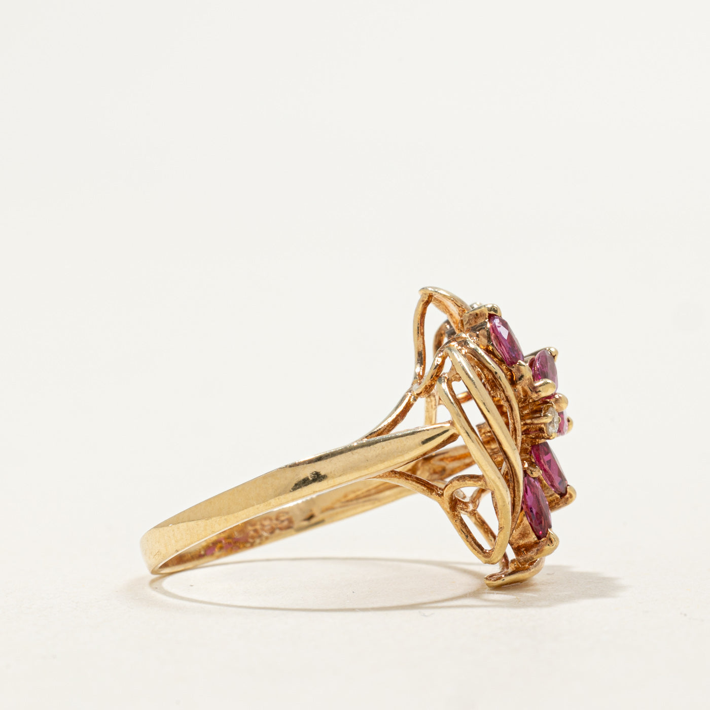 14K Marquise Cut Ruby & Diamond Floral Cocktail Ring | 0.75ctw, 0.02ctw | SZ 6.5