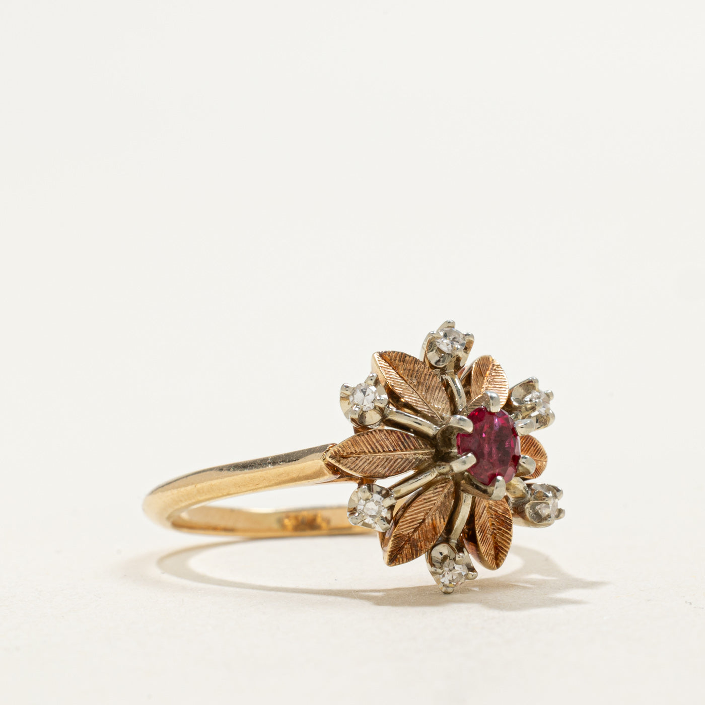 Title 14K 6270-48 Ruby & Diamond Floral/Leaf Ring | 0.28ct, 0.06ctw | SZ 6.75