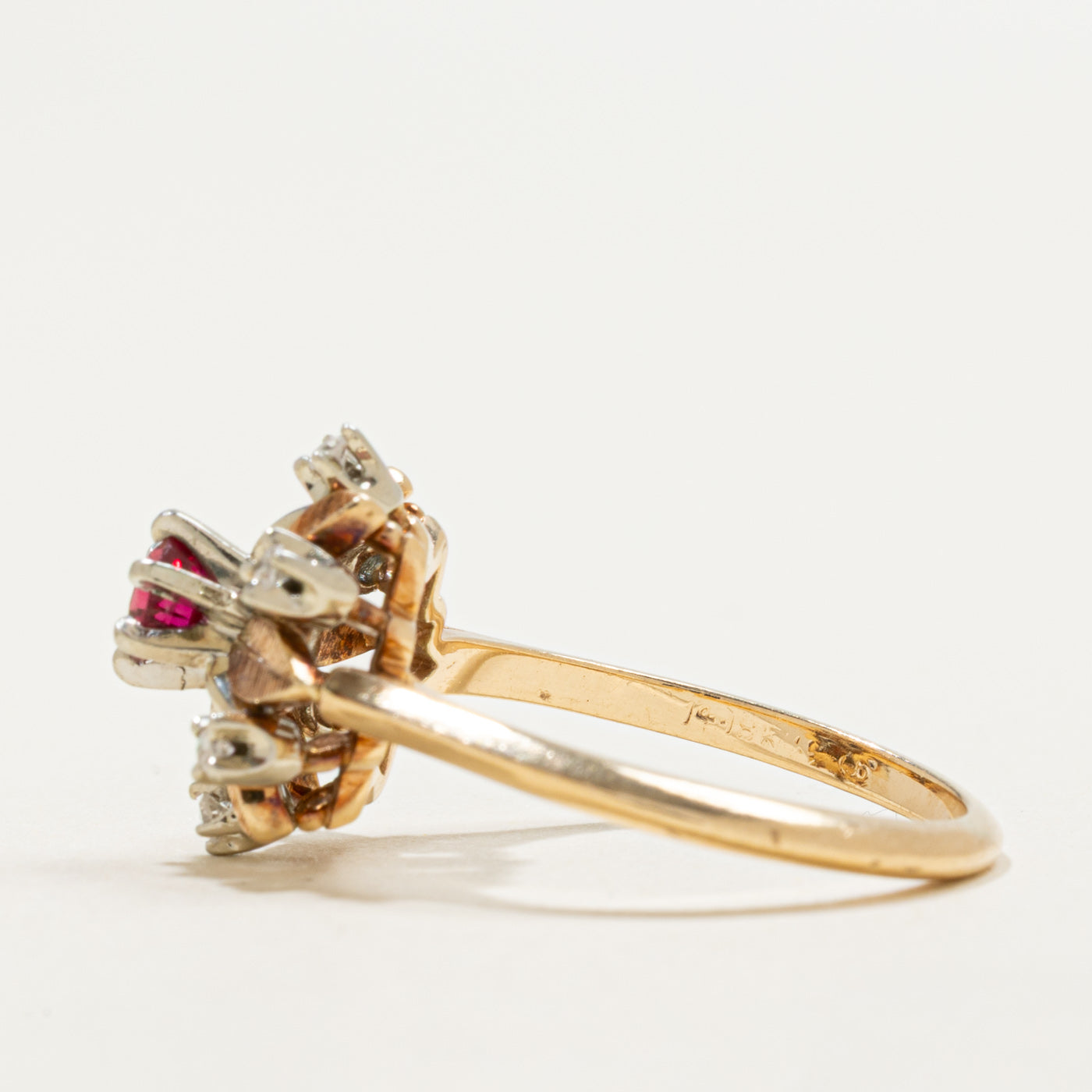 Title 14K 6270-48 Ruby & Diamond Floral/Leaf Ring | 0.28ct, 0.06ctw | SZ 6.75