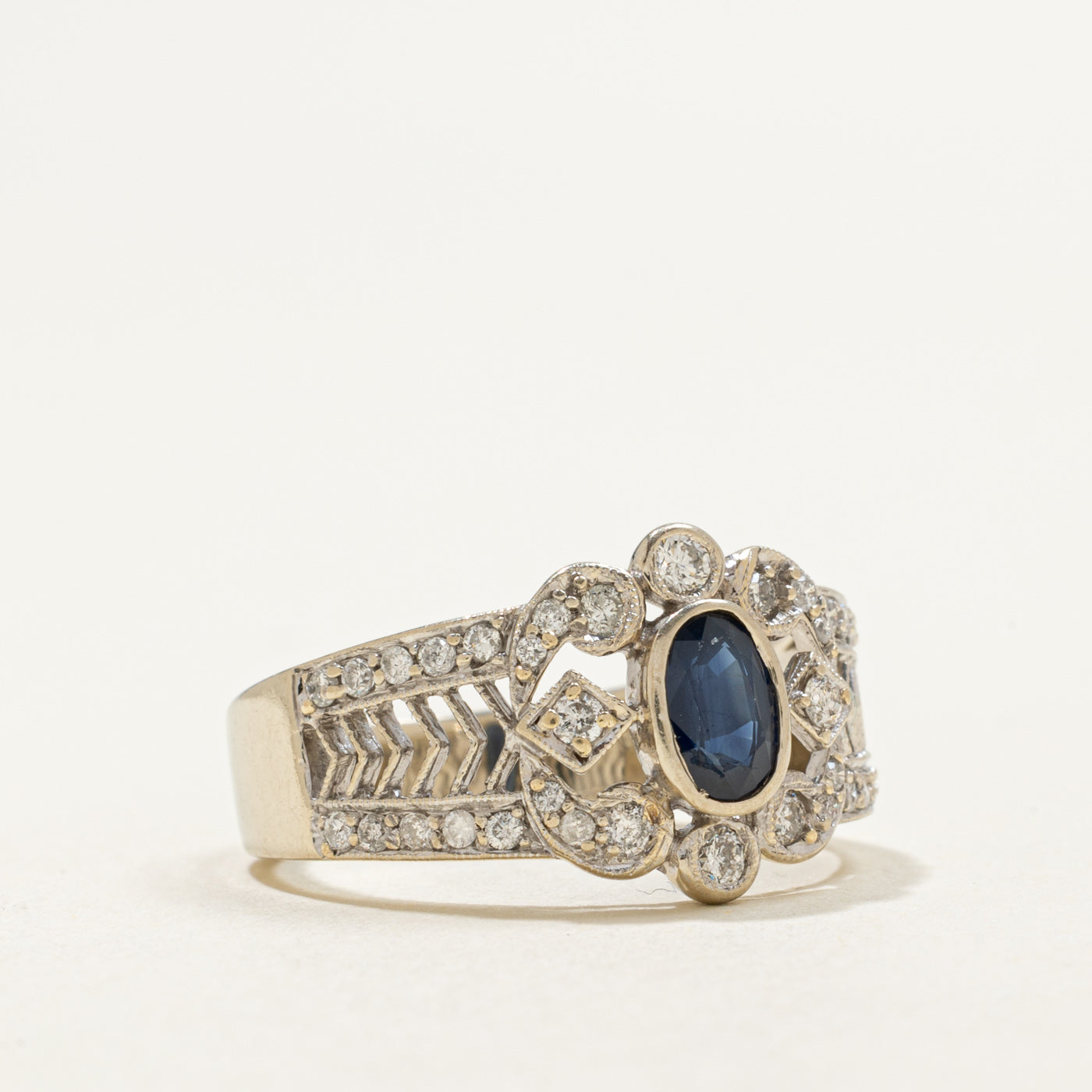 14K Bezel Set Sapphire & Diamond Accented Geometric Ring | 0.42ct, 0.36ctw | SZ 7.0