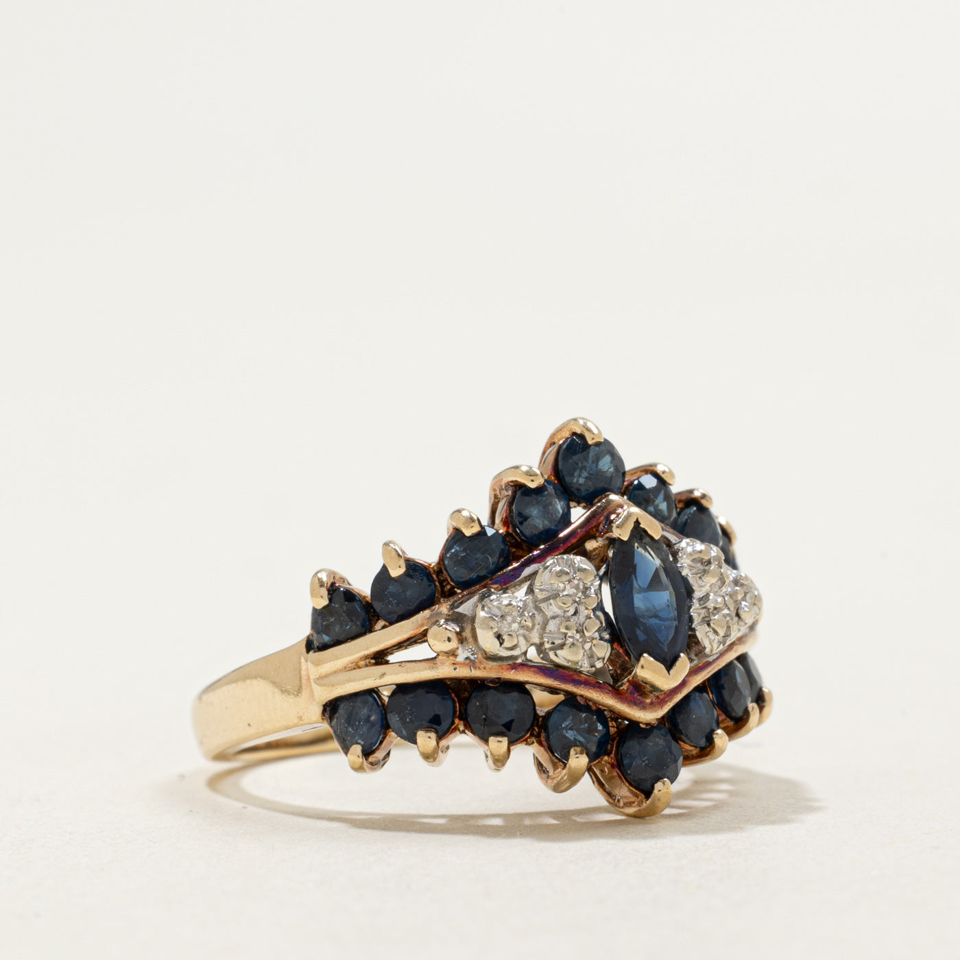 10K Marquise Cut Sapphire & Diamond Petal Tapered Cocktail Ring | 1.00ctw, 0.02ctw | SZ 5.5