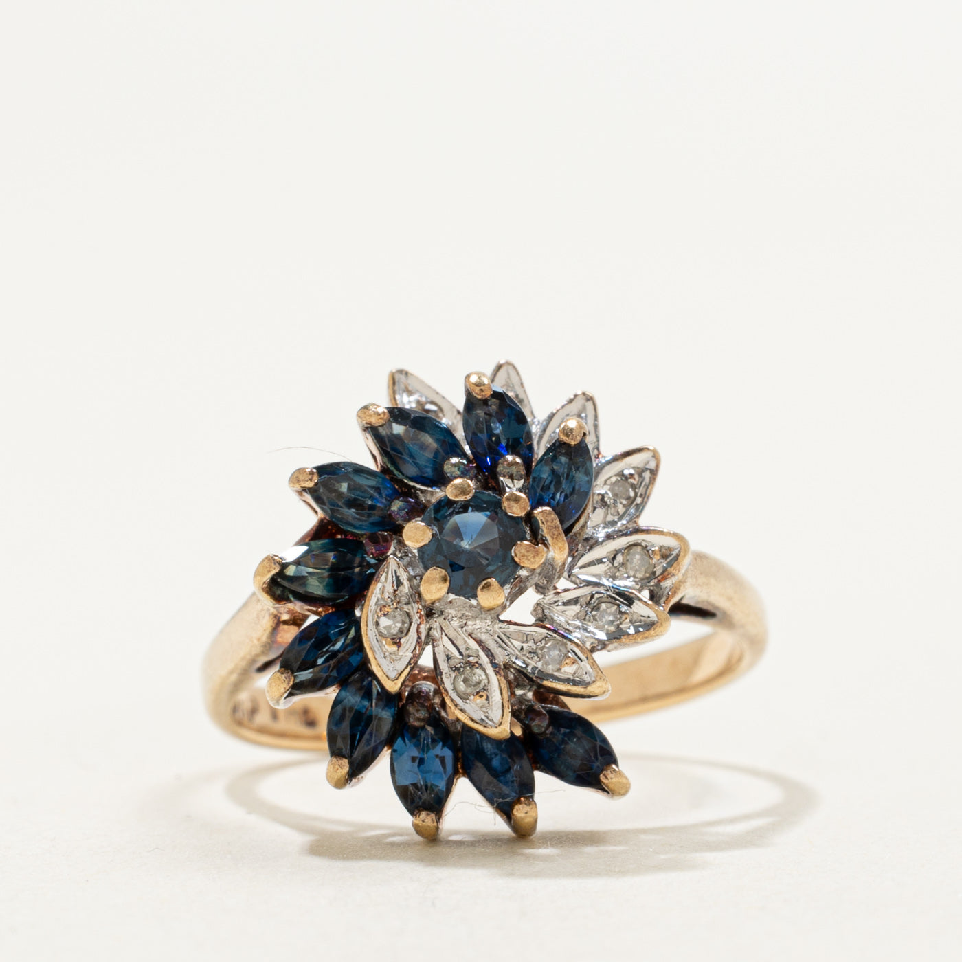 10K Sapphire & Diamond Floral Cluster Cocktail Ring | 0.90ctw, 0.05ctw | SZ 5.75