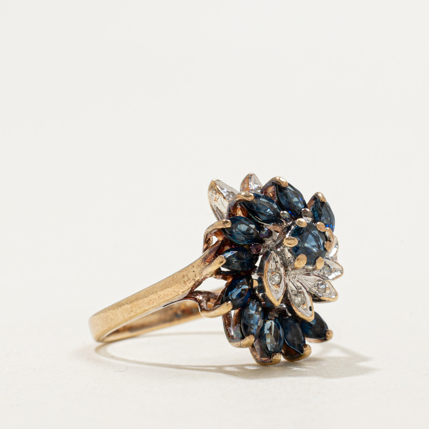 10K Sapphire & Diamond Floral Cluster Cocktail Ring | 0.90ctw, 0.05ctw | SZ 5.75