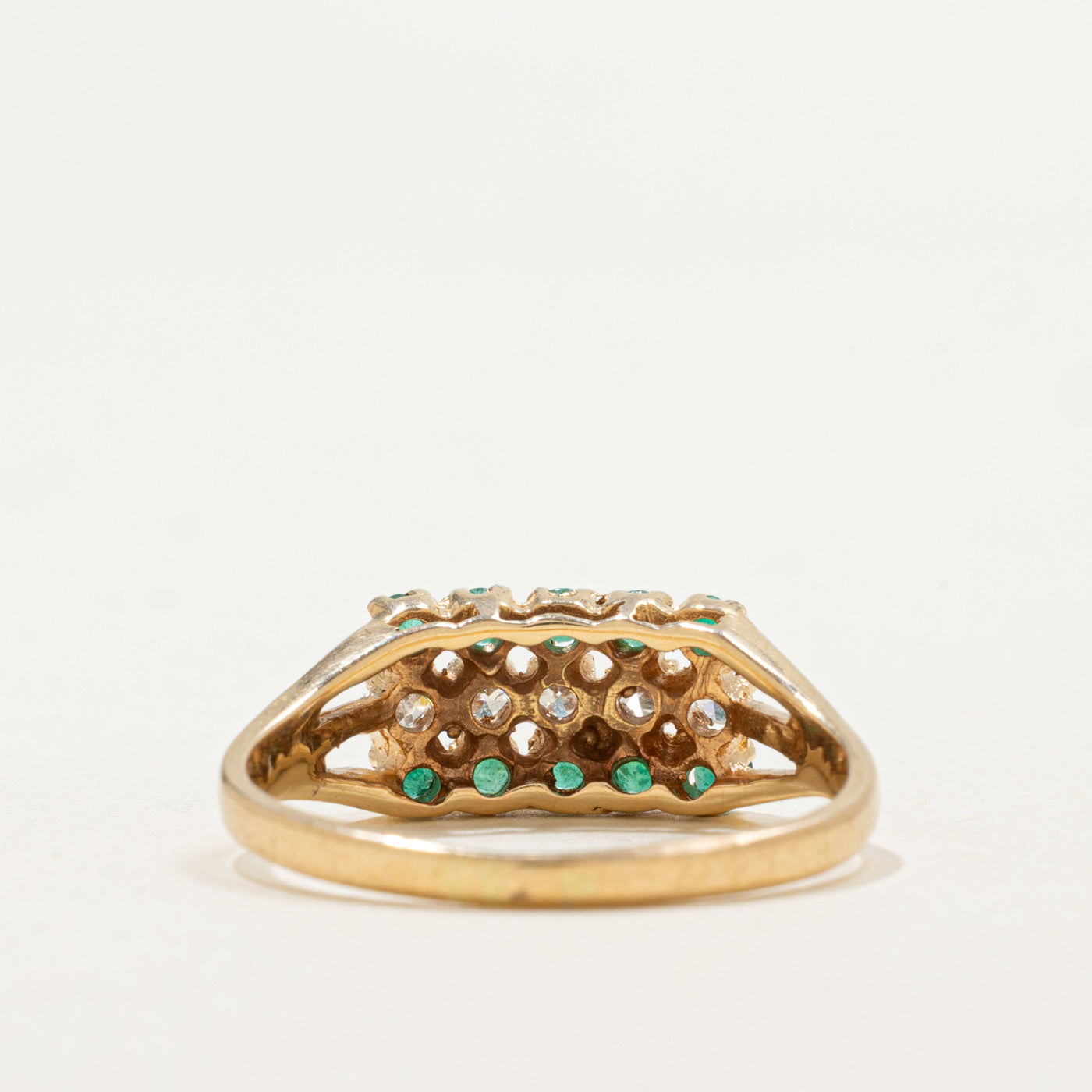 Bague multi-rangs en or 14 carats sertie d'émeraudes et de diamants | 0,20 ct, 0,15 ct | Taille 7