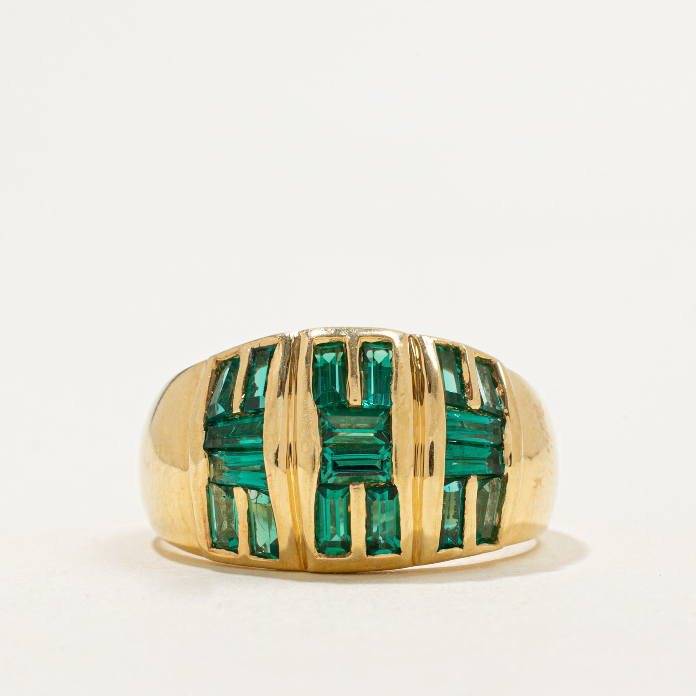 18k Baguette Cut Synthetic Emerald Dome Ring | 2.00ctw | SZ 11.0