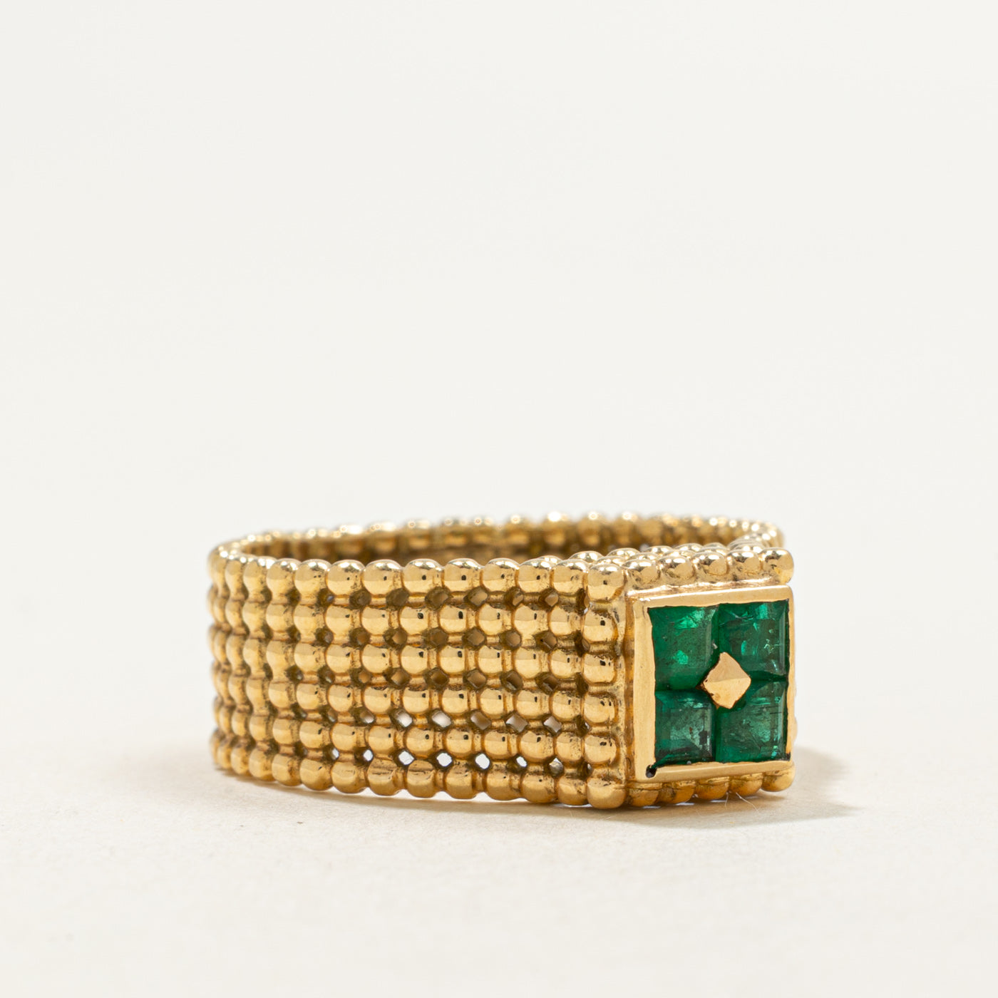 18K Emerald Grid Bead Textured Ring | 0.48ctw | SZ 7.75