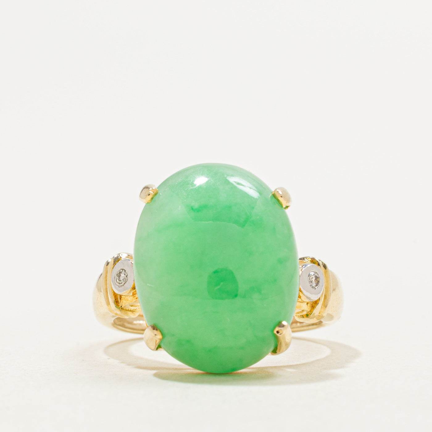 14K Oval Cabochon Jade & Diamond Ring | 11.25ct, 0.02ct | SZ 5.5
