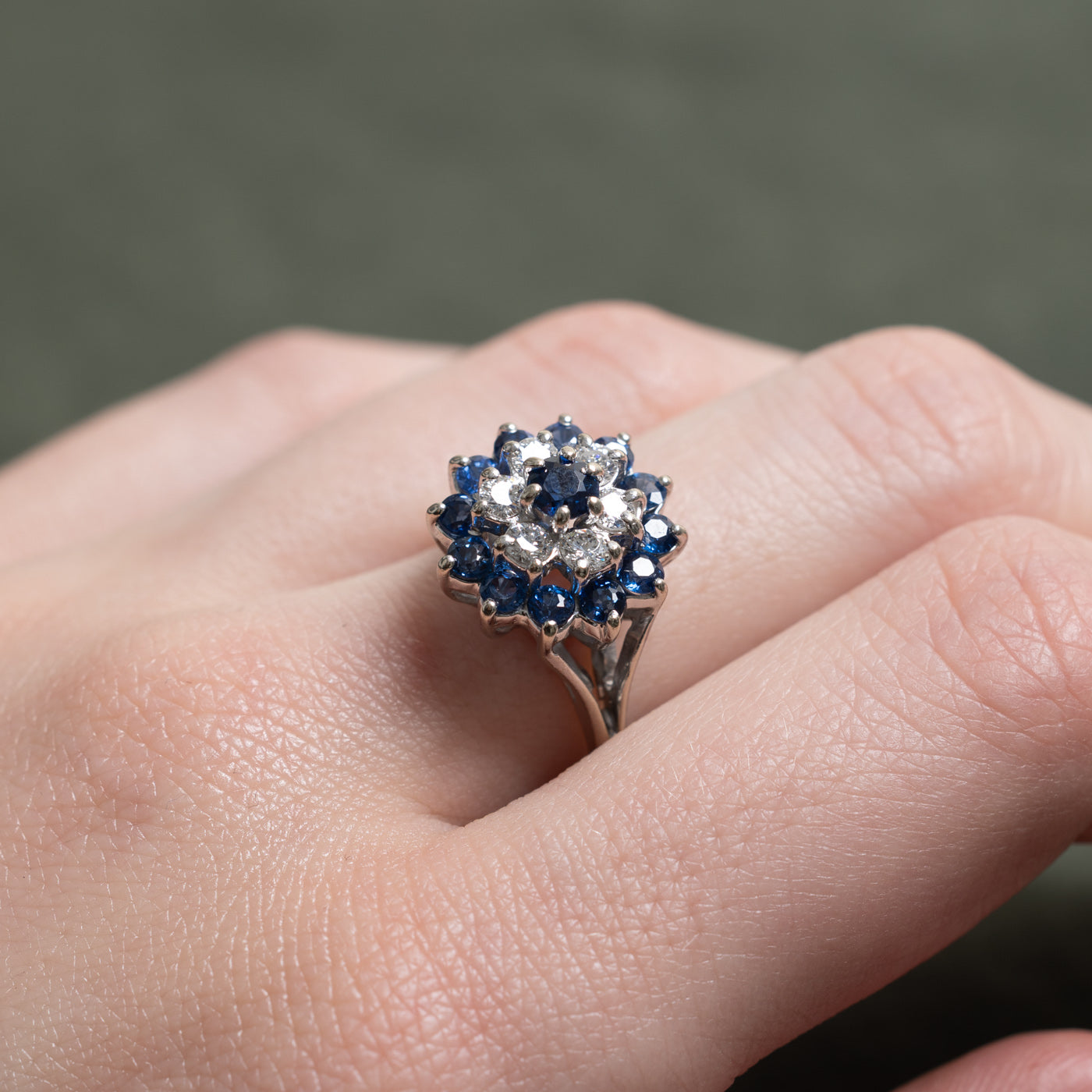 14K Round Cut Sapphire & Diamond Petal Cluster Ring | 1.00ctw, 0.48ctw | SZ 6.75