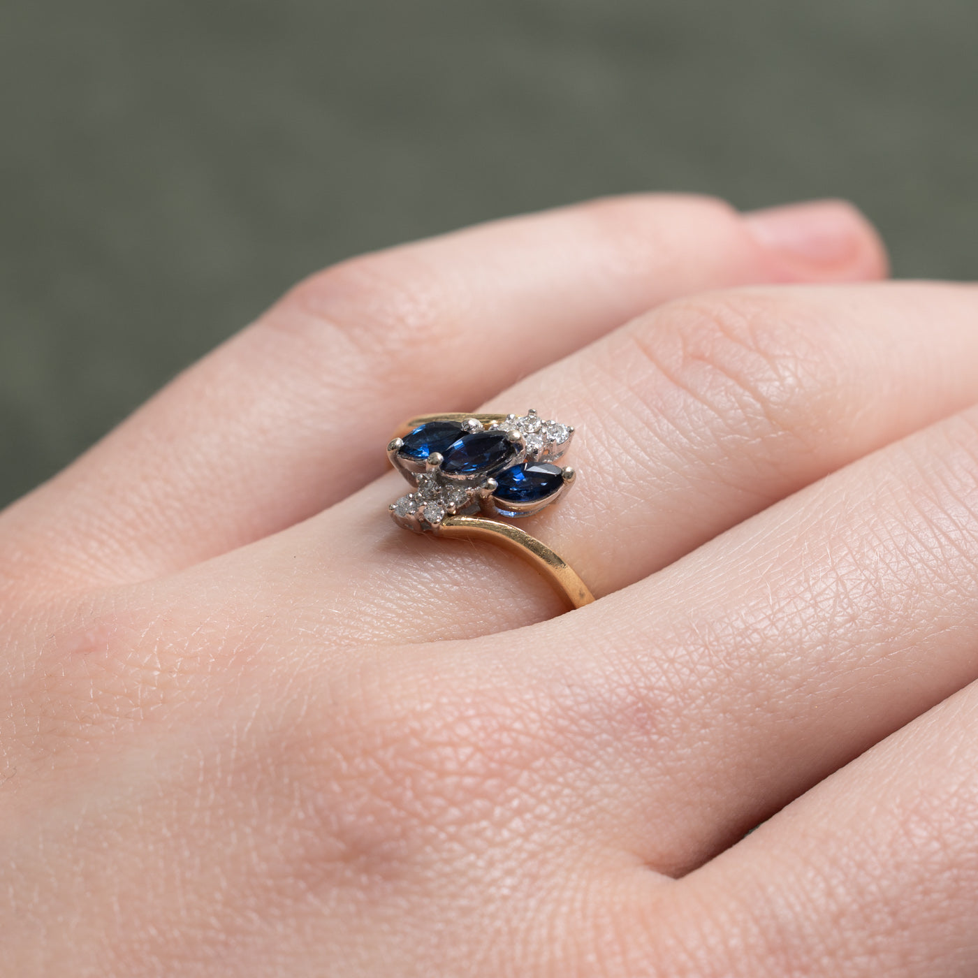 14K Marquise Cut Sapphire & Diamond Cluster Bypass Ring | 0.33ctw, 0.08ctw | SZ 4.75