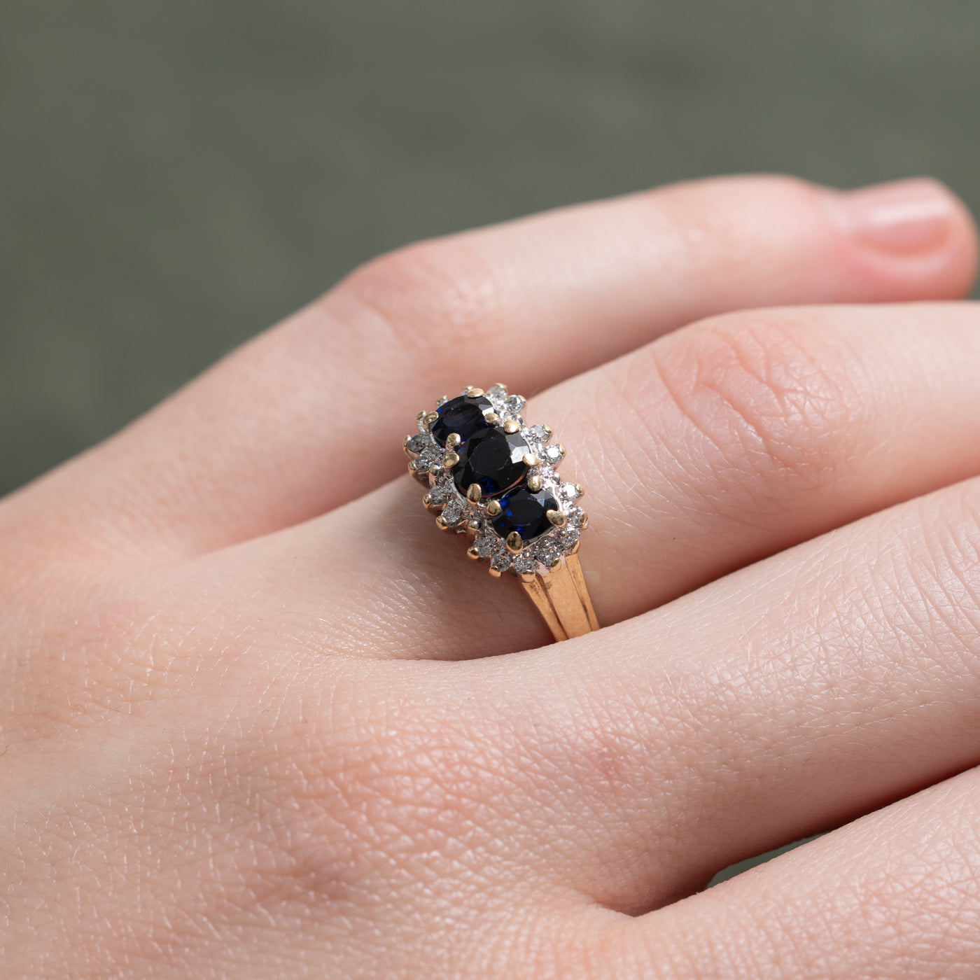 10K Three Stone Sapphire & Diamond Petal Halo Ring | 0.80ctw, 0.15ctw | SZ 5.5