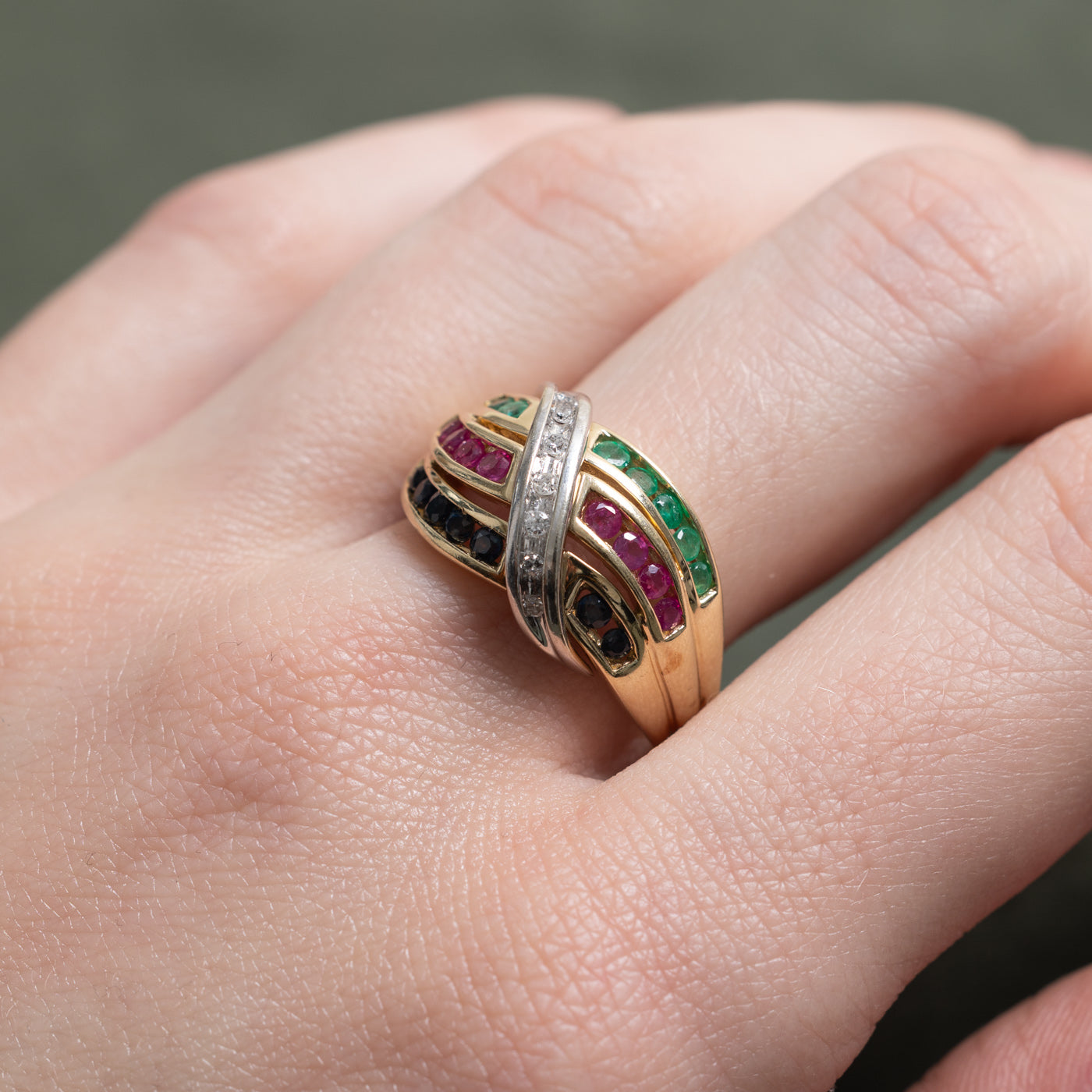 10K Round Cut Multi Gemstone Wave Crossover Ring | 0.77ctw, 0.07ctw | SZ 8.25