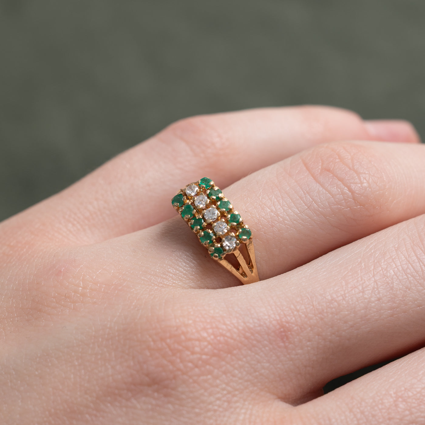 14K Emerald & Diamond Multi Row Ring | 0.20ctw, 0.15ctw | SZ 7.0