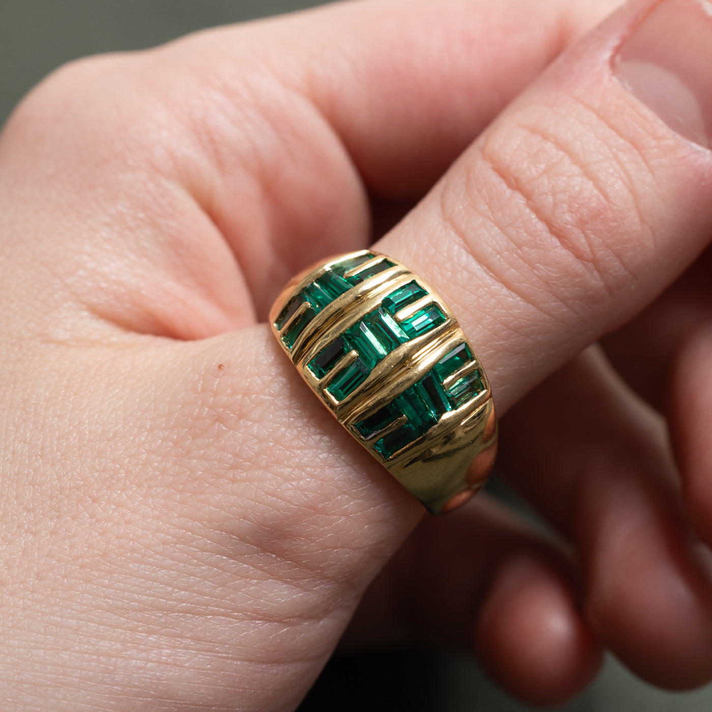 18k Baguette Cut Synthetic Emerald Dome Ring | 2.00ctw | SZ 11.0