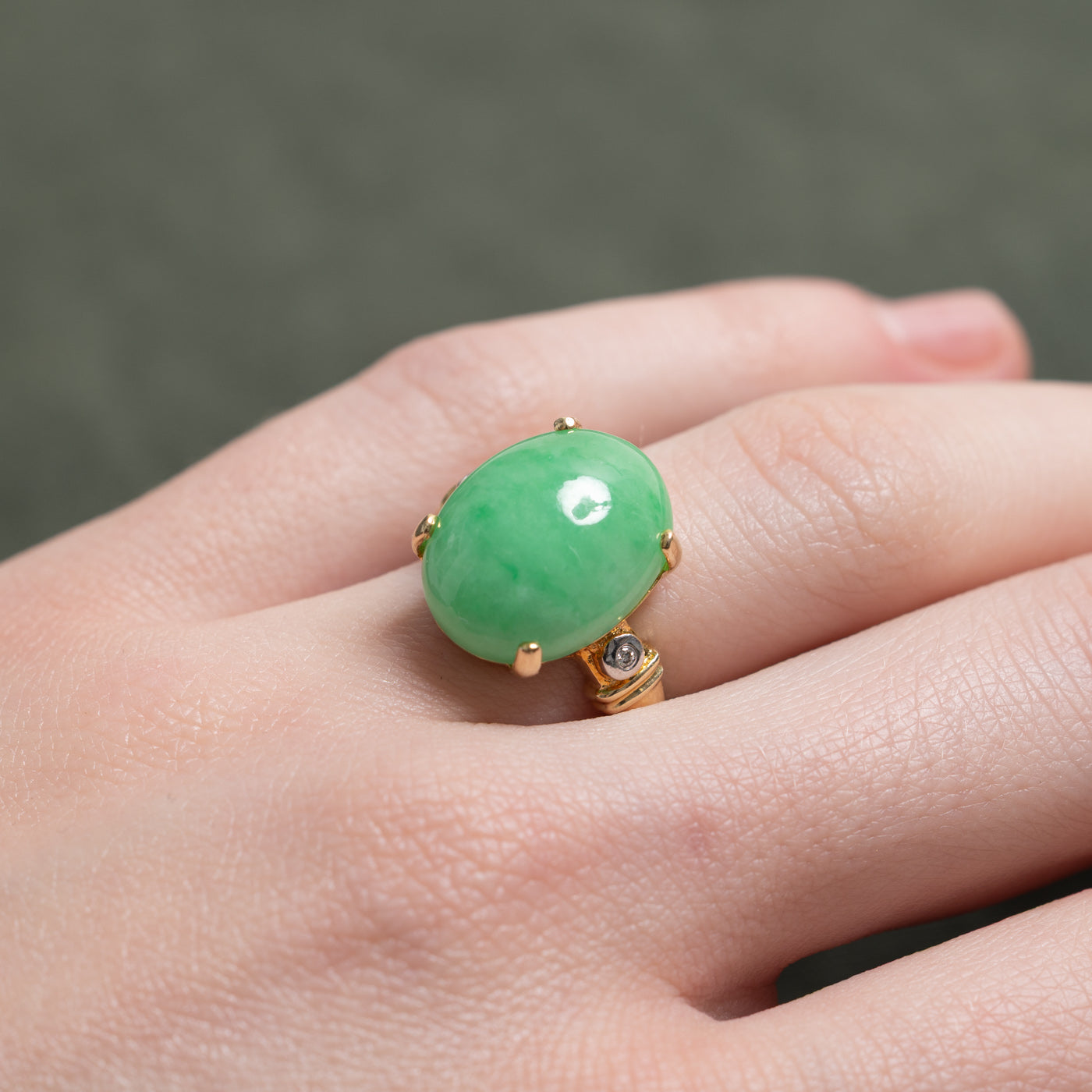 14K Oval Cabochon Jade & Diamond Ring | 11.25ct, 0.02ct | SZ 5.5