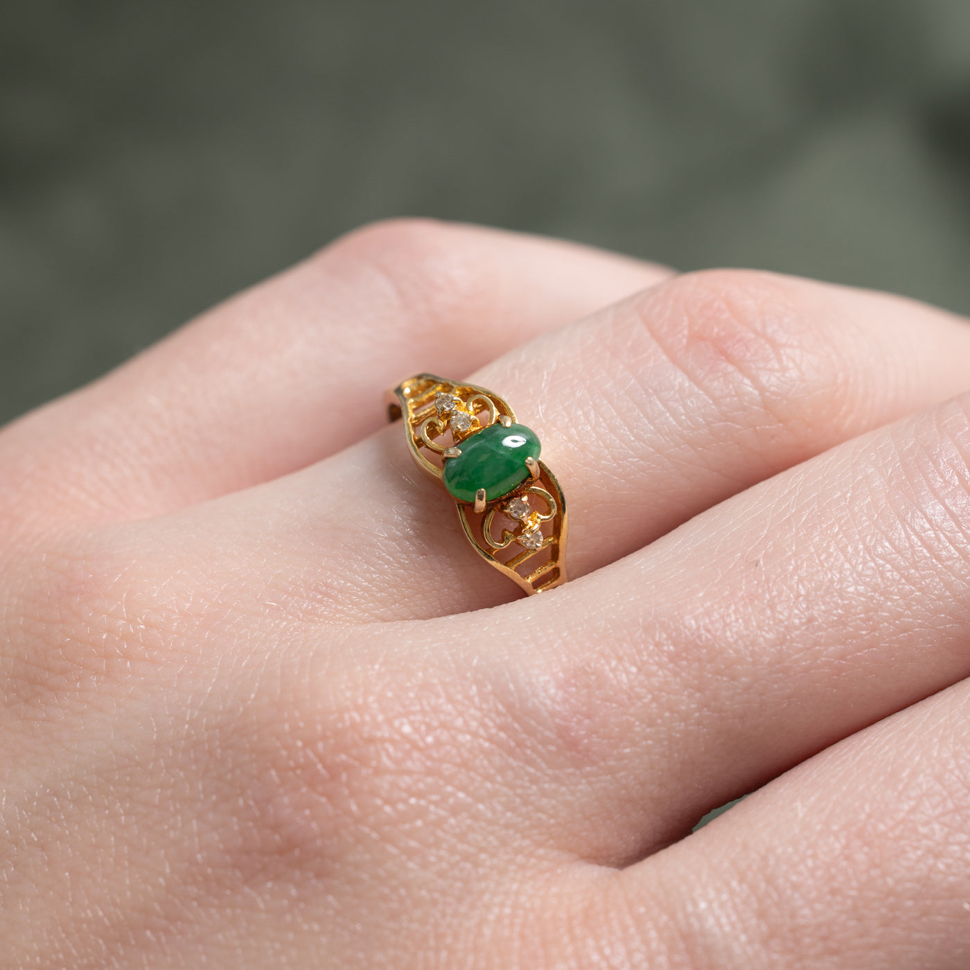 Oval Cabochon Jadeite & Diamond Openwork Ring | 0.40ctw, 0.02ctw | SZ 6.0 |