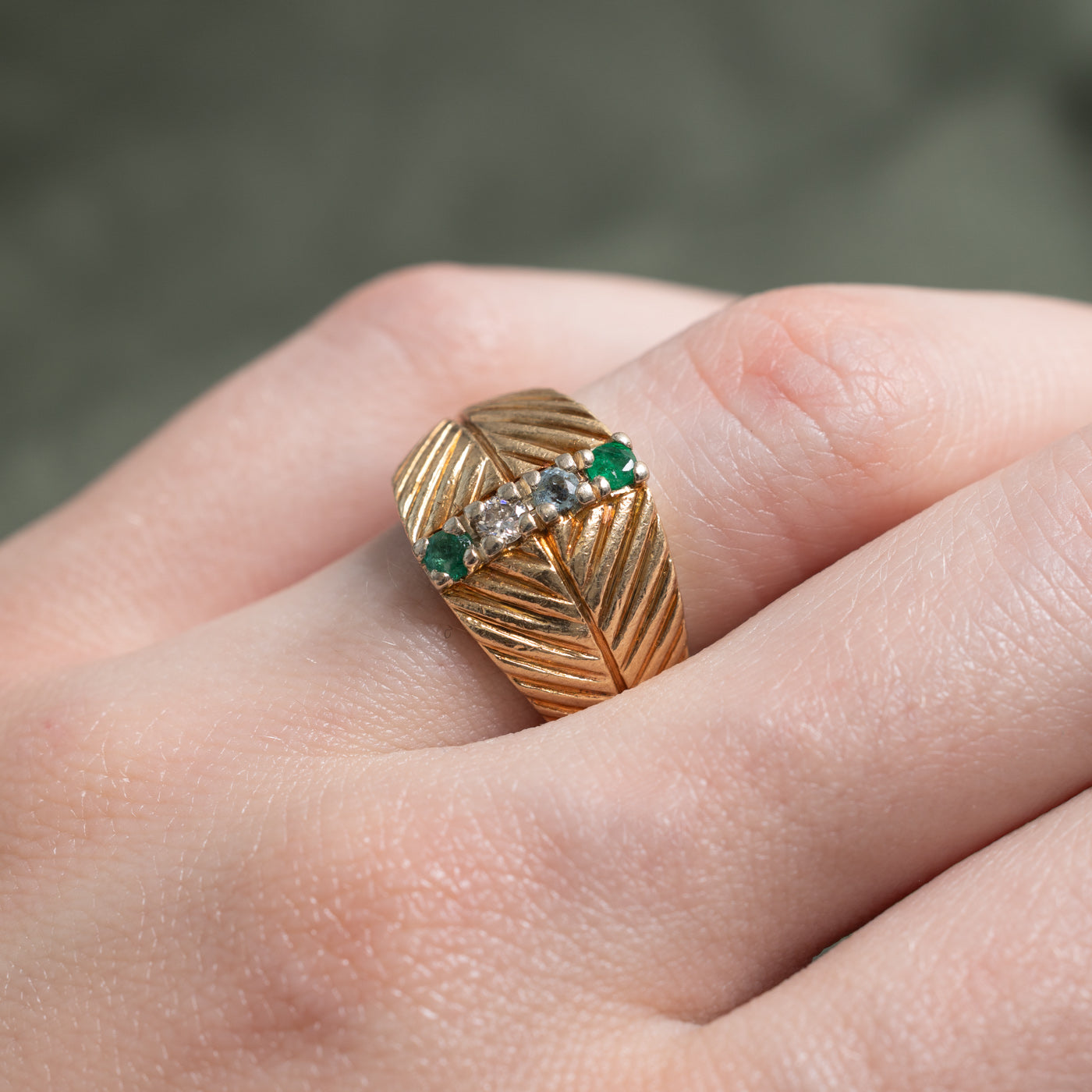 Emerald, Aquamarine & Diamond Column Textured Band | 0.22, 0.08ctw | SZ 6.5 |