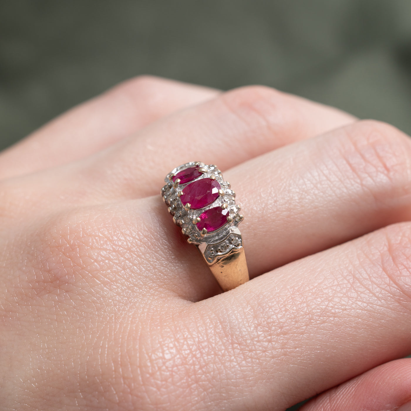 Three Stone Synthetic Ruby & Natural Diamond Cocktail Ring | 0.88ctw, 0.11ctw | SZ 8.25 |
