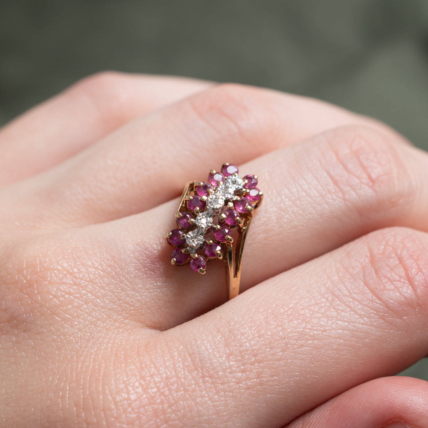 Ruby & Diamond Diagonal Cluster Bypass Ring | 0.63ctw, 0.01ctw | SZ 7.0 |