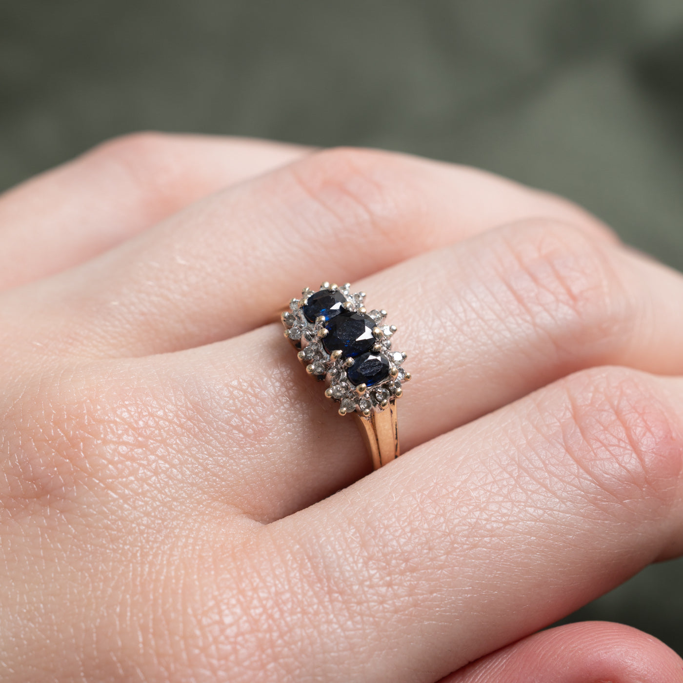 Three Stone Sapphire & Diamond Petal Halo Ring | 0.62ctw, 0.09ctw | SZ 6.5 |