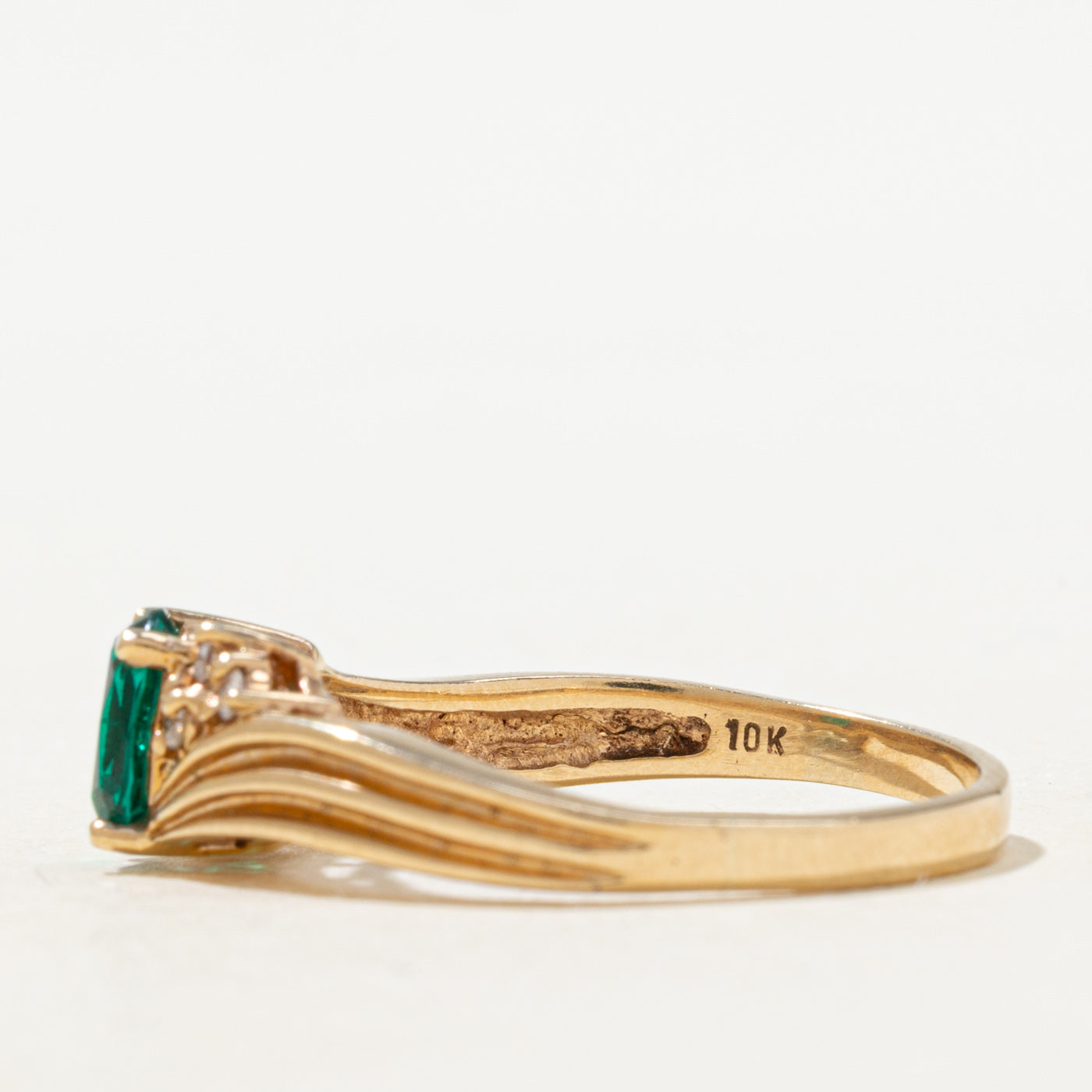 Synthetic Emerald & Diamond Grooved Bypass Ring | SZ 9.25 |