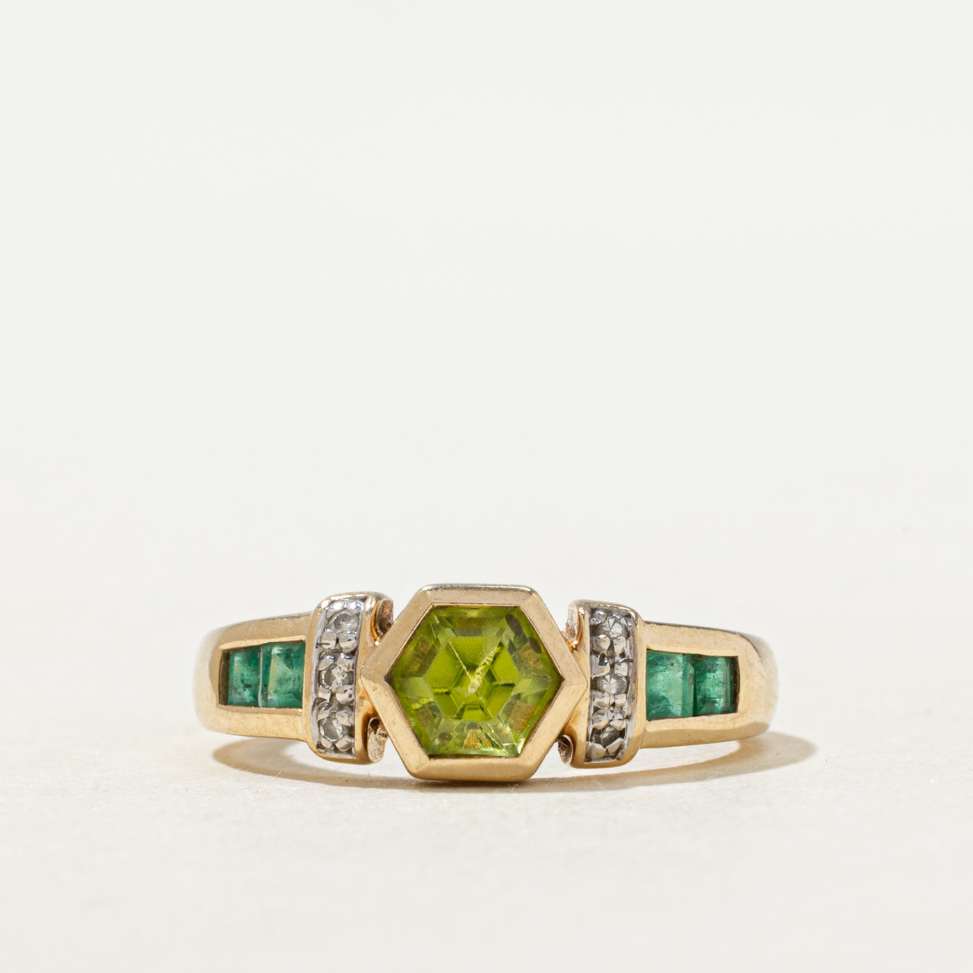 Bezel Set Emerald, Peridot & Diamond Geometric Ring | 0.83ctw, 0.03ctw | SZ 5.75 |