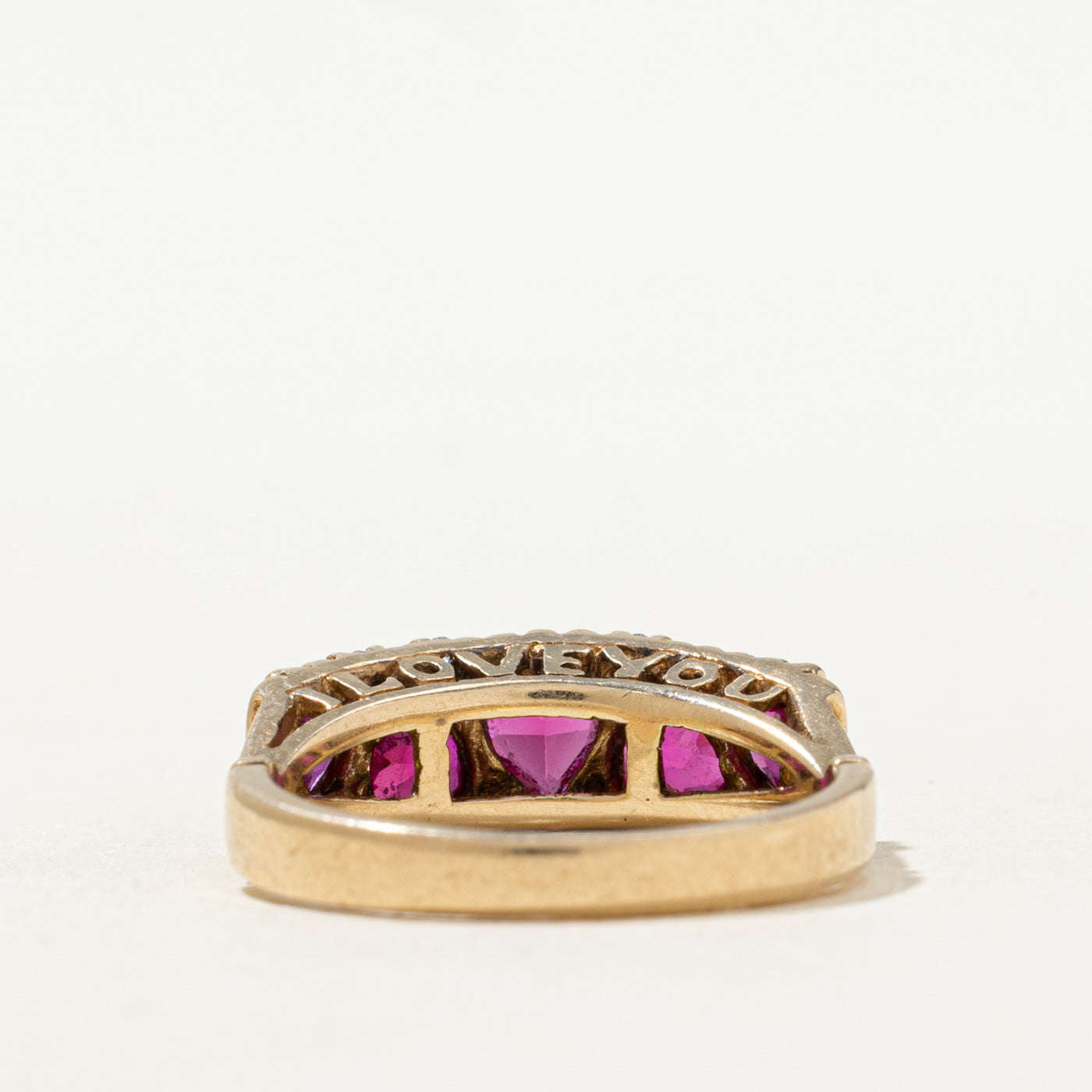 Five Stone Heart Cut Synthetic Ruby & Diamond "I Love You" Ring | 1.0ctw, 0.01ctw | SZ 6.25 |