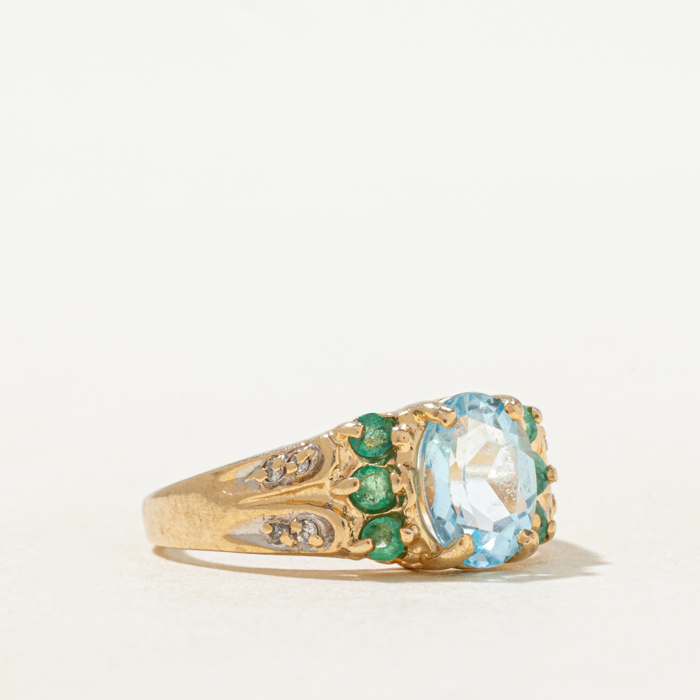 Blue Topaz, Emerald & Diamond Ring | 1.3ctw, 0.04ctw | SZ 4.75 |