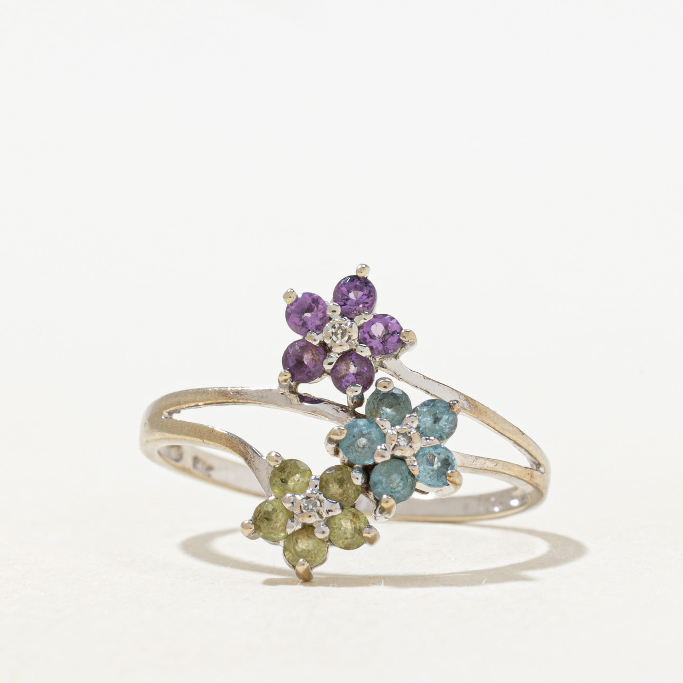Multi Gem & Diamond Floral Bypass Ring | SZ 7.25 |