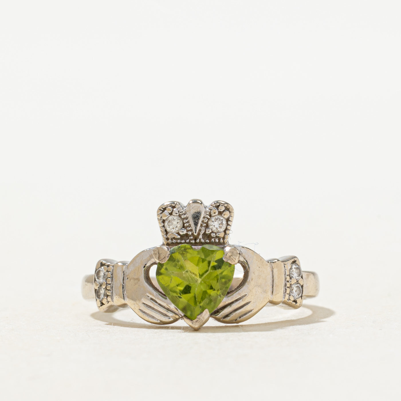 Heart Cut Peridot & Diamond Claddagh Ring | 0.9ct, 0.03ctw | SZ 5.0 |