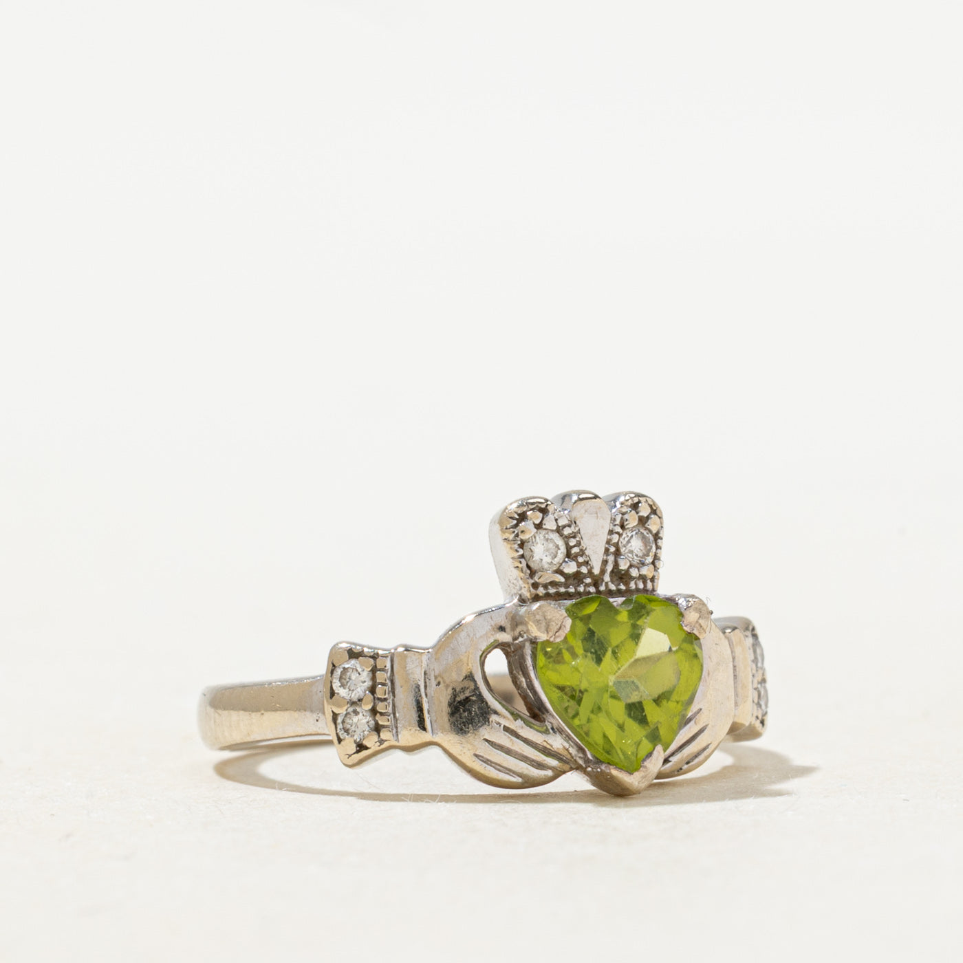 Heart Cut Peridot & Diamond Claddagh Ring | 0.9ct, 0.03ctw | SZ 5.0 |