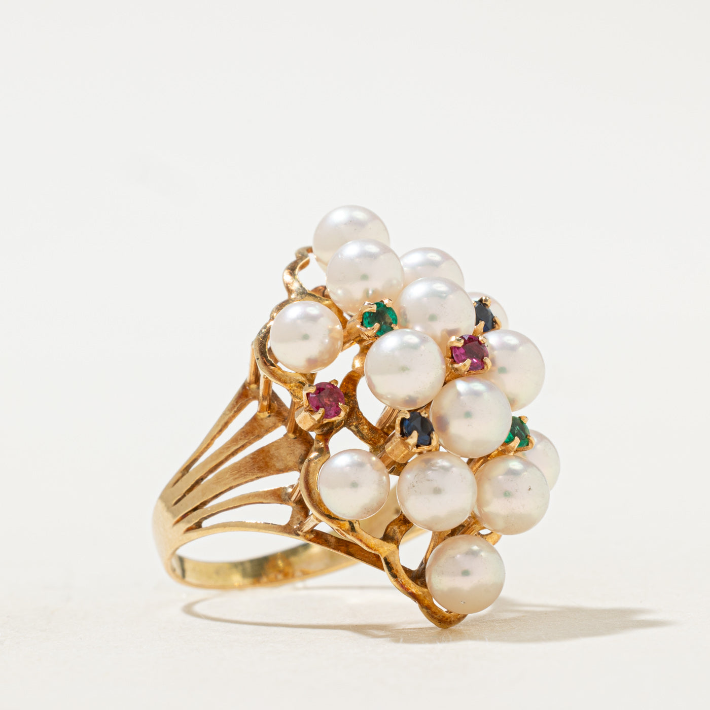 Pearl & Multi Gemstone Cluster Cocktail Ring | 0.08ctw | SZ 6.0 |