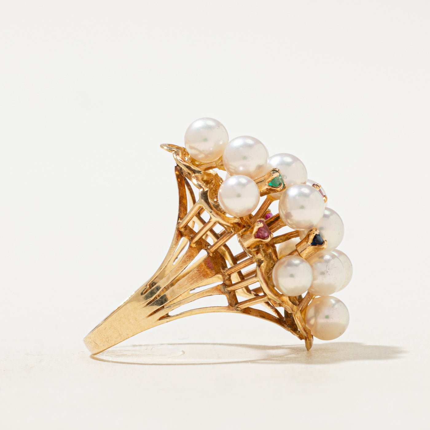 Pearl & Multi Gemstone Cluster Cocktail Ring | 0.08ctw | SZ 6.0 |