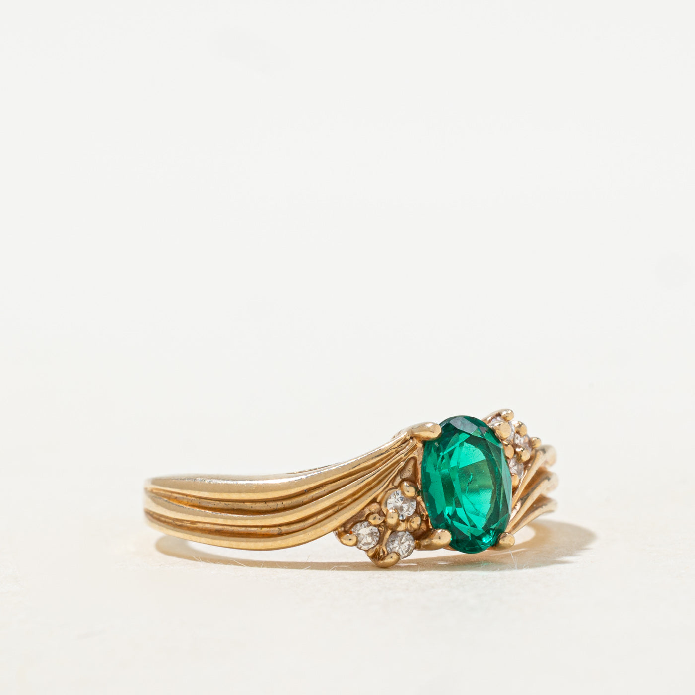 Synthetic Emerald & Diamond Grooved Bypass Ring | SZ 9.25 |