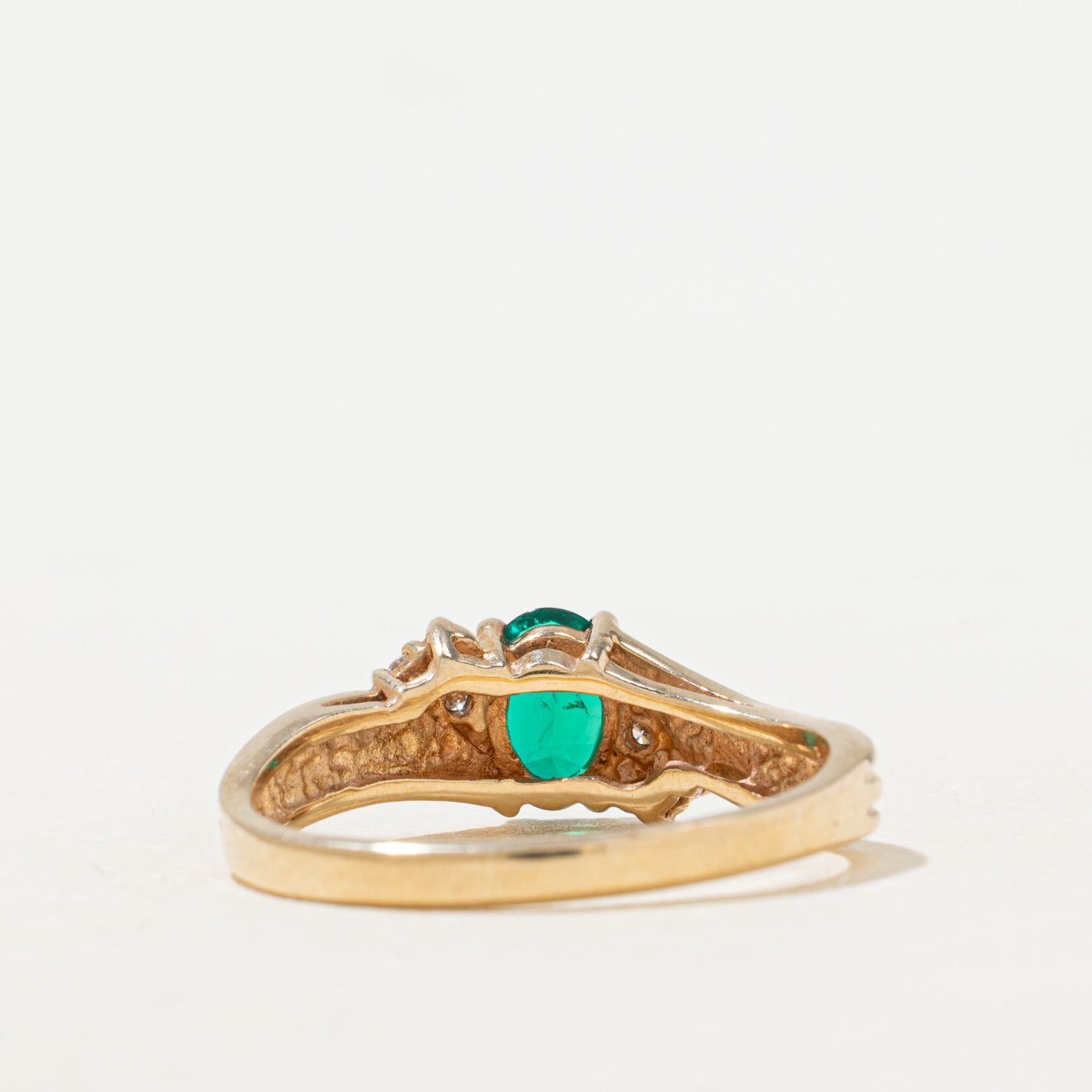 Synthetic Emerald & Diamond Grooved Bypass Ring | SZ 9.25 |