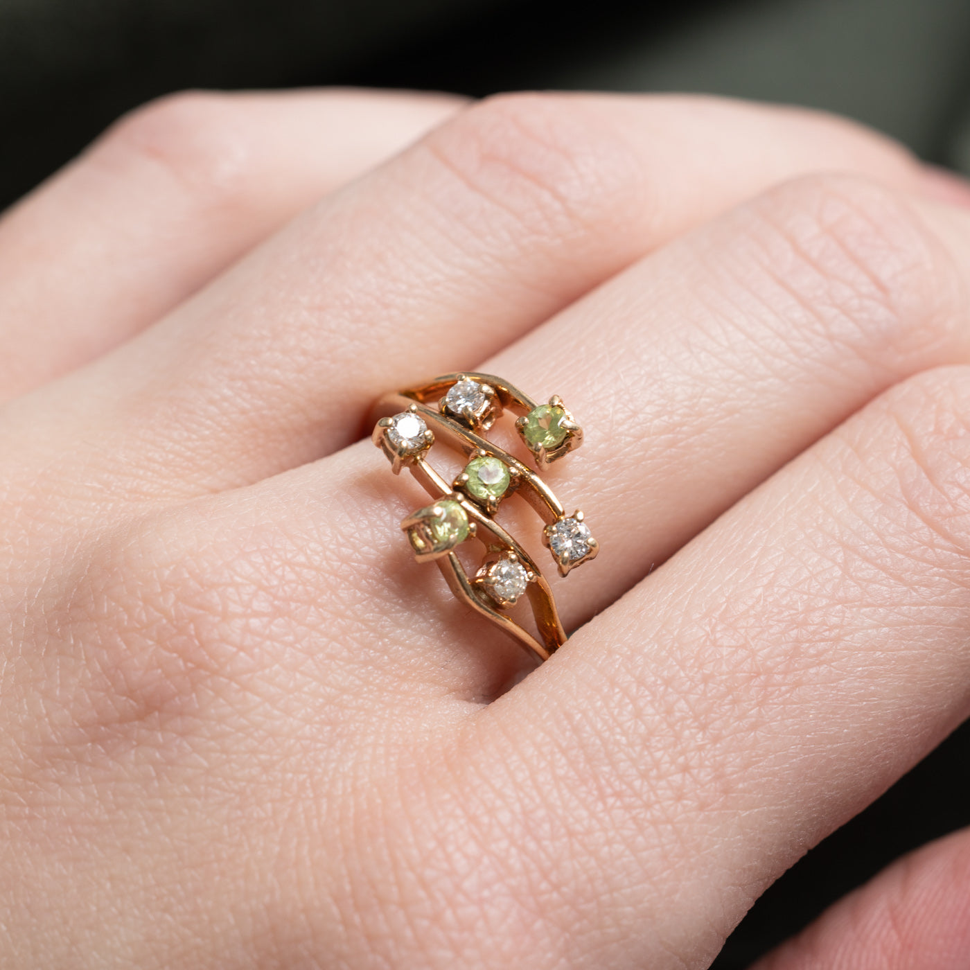 Scattered Peridot & Diamond Bypass Ring | 0.24ctw, 0.15ctw | SZ 8.0 |