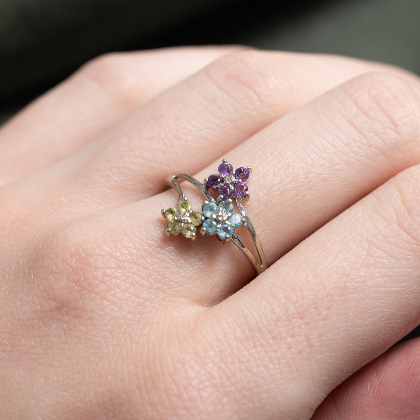 Multi Gem & Diamond Floral Bypass Ring | SZ 7.25 |