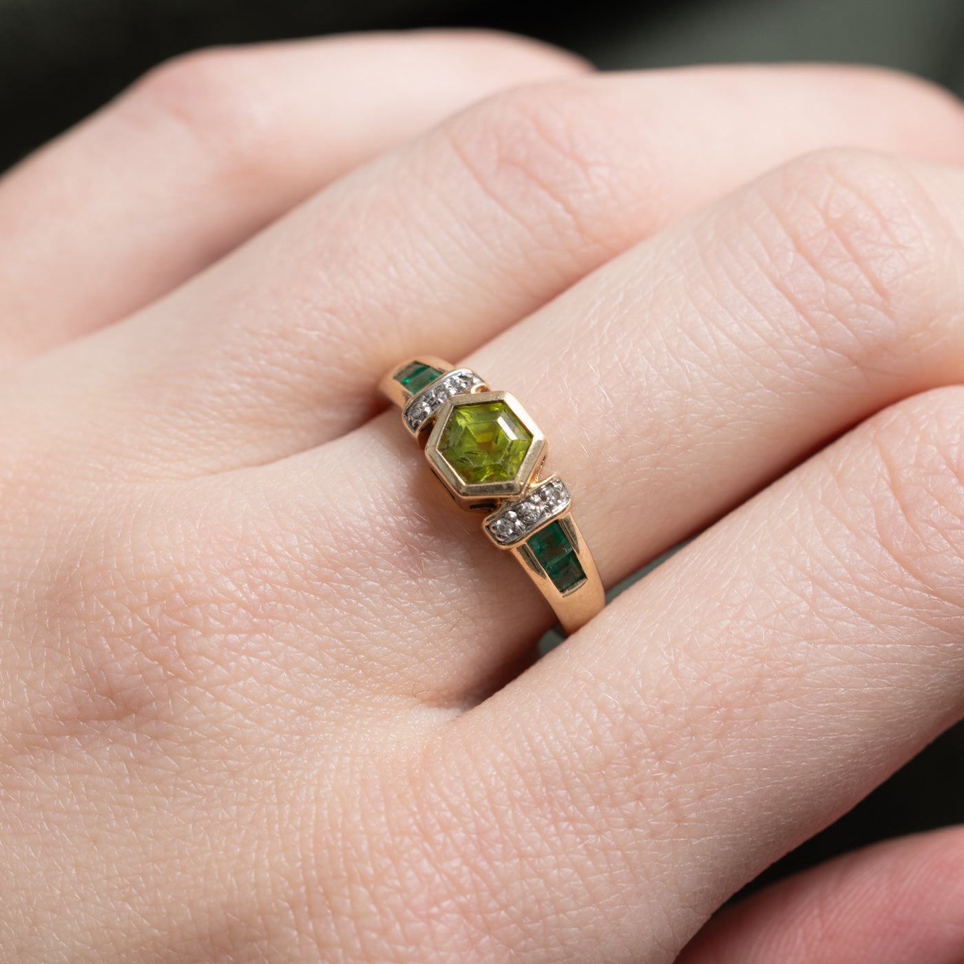 Bezel Set Emerald, Peridot & Diamond Geometric Ring | 0.83ctw, 0.03ctw | SZ 5.75 |