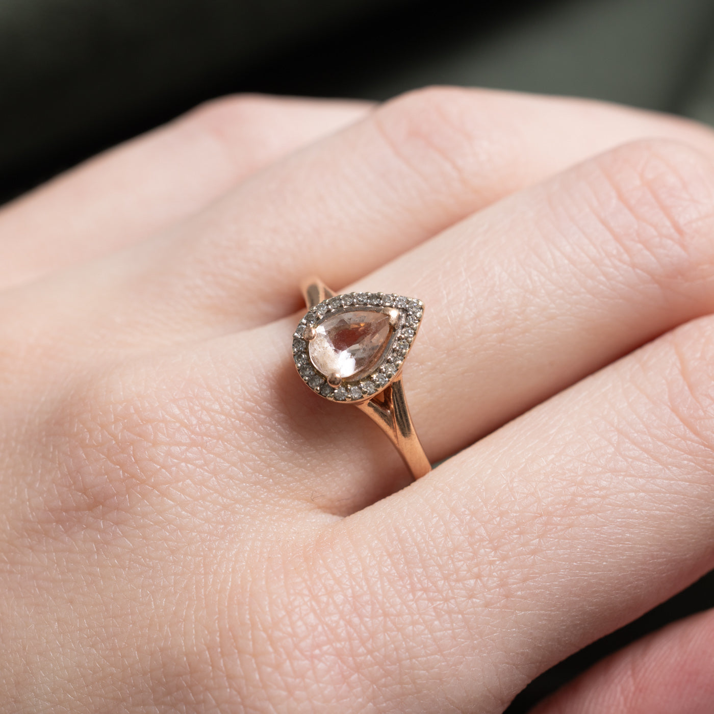 Pear Cut Morganite & Diamond Halo Ring | 0.5ct, 0.05ctw | SZ 6.75 |