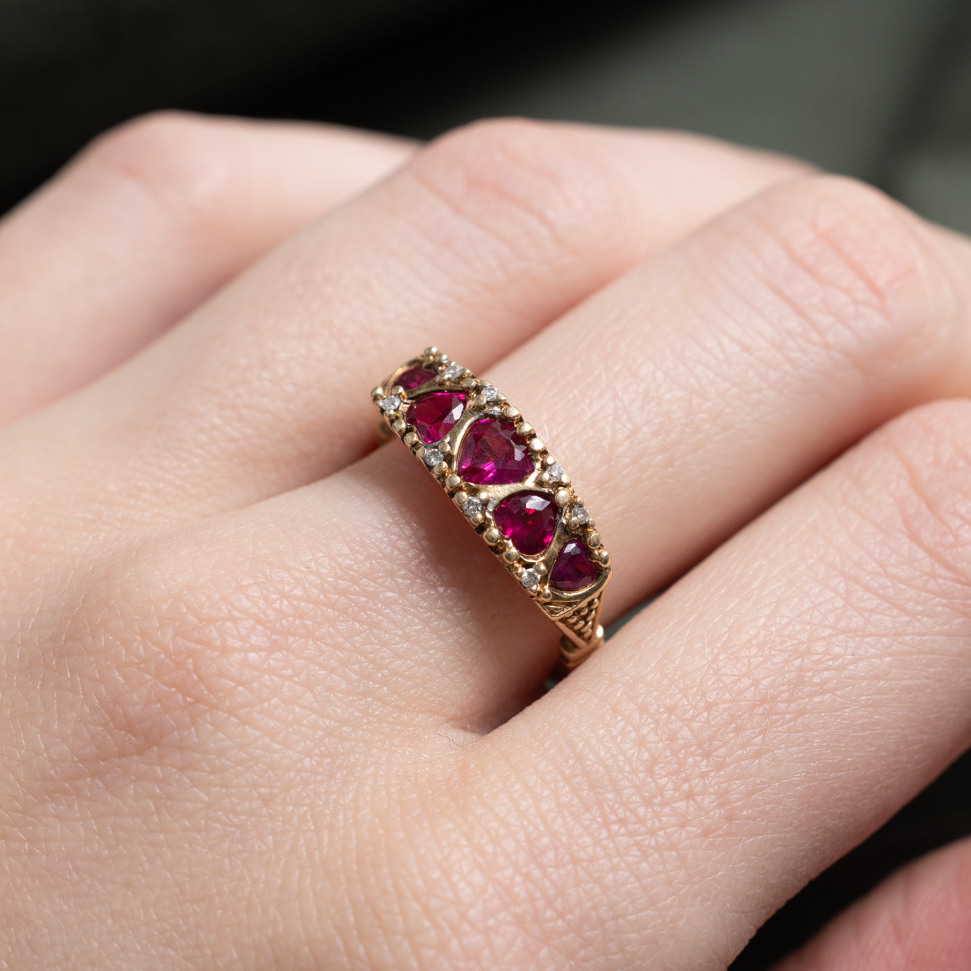 Five Stone Heart Cut Synthetic Ruby & Diamond "I Love You" Ring | 1.0ctw, 0.01ctw | SZ 6.25 |
