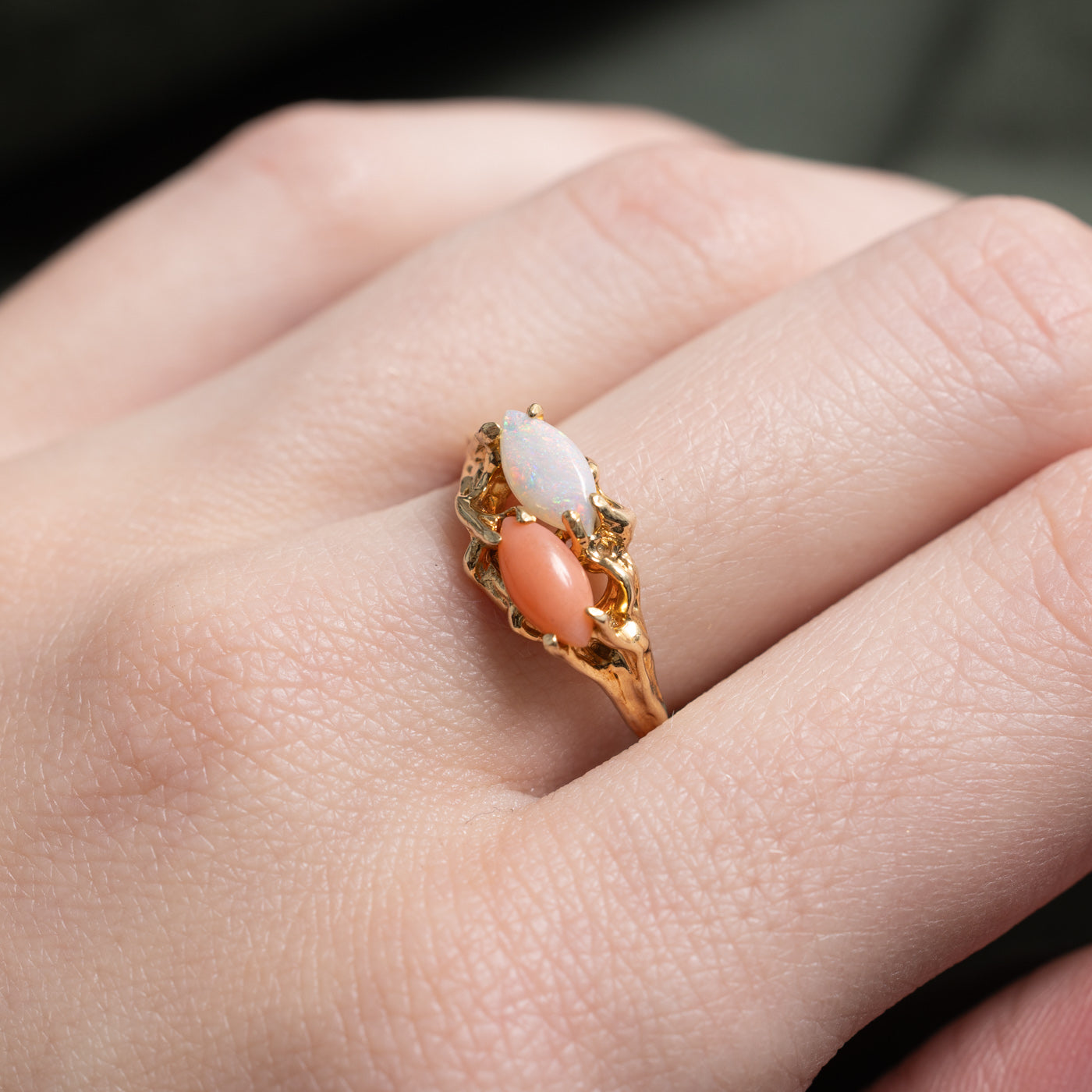 Marquise Cut Coral & Opal Toi Et Moi RIng | 0.55ctw | SZ 7.25 |