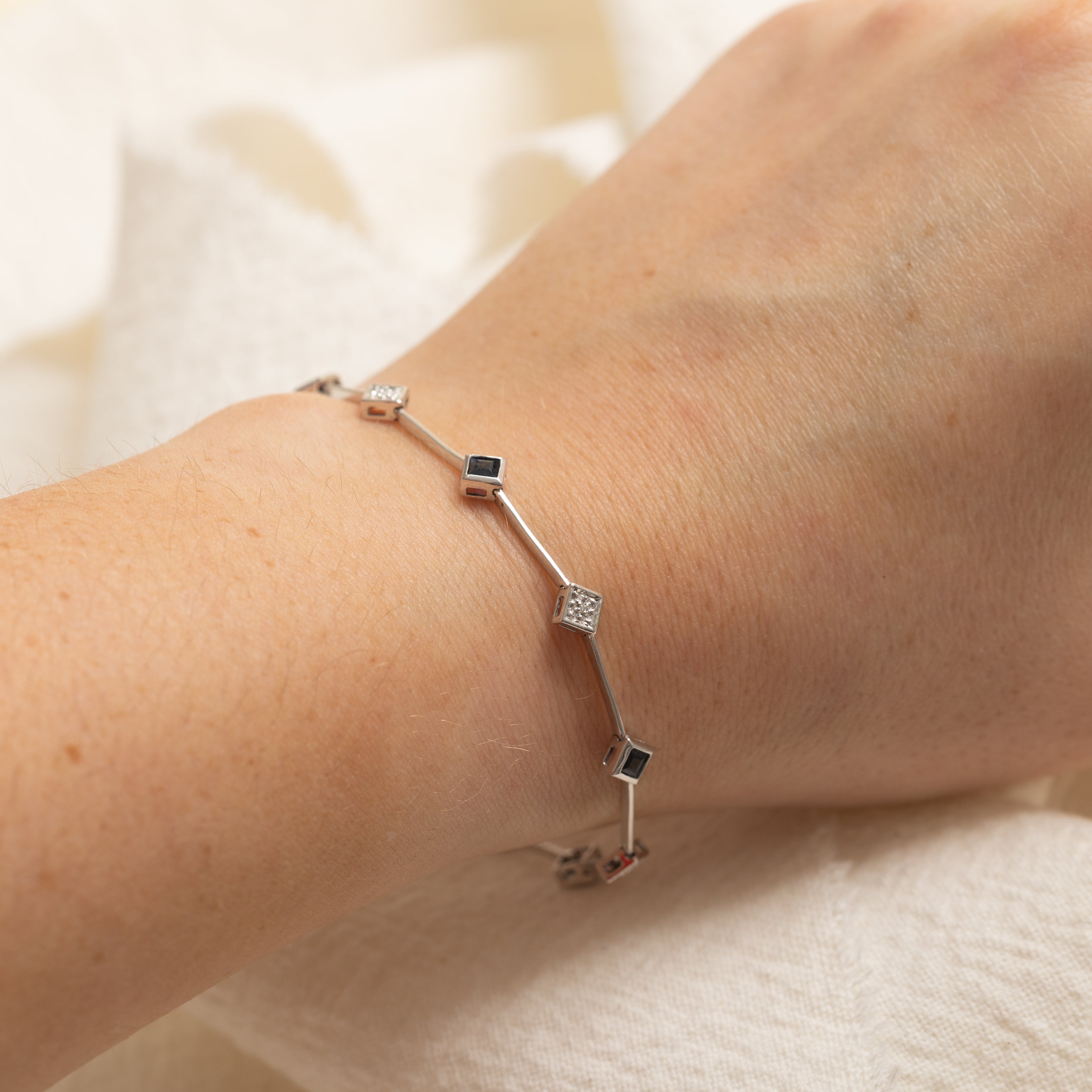 Square Cut Sapphire & Diamond Gemstone Bracelet | 1.25ctw, 0.03ctw | 7" |