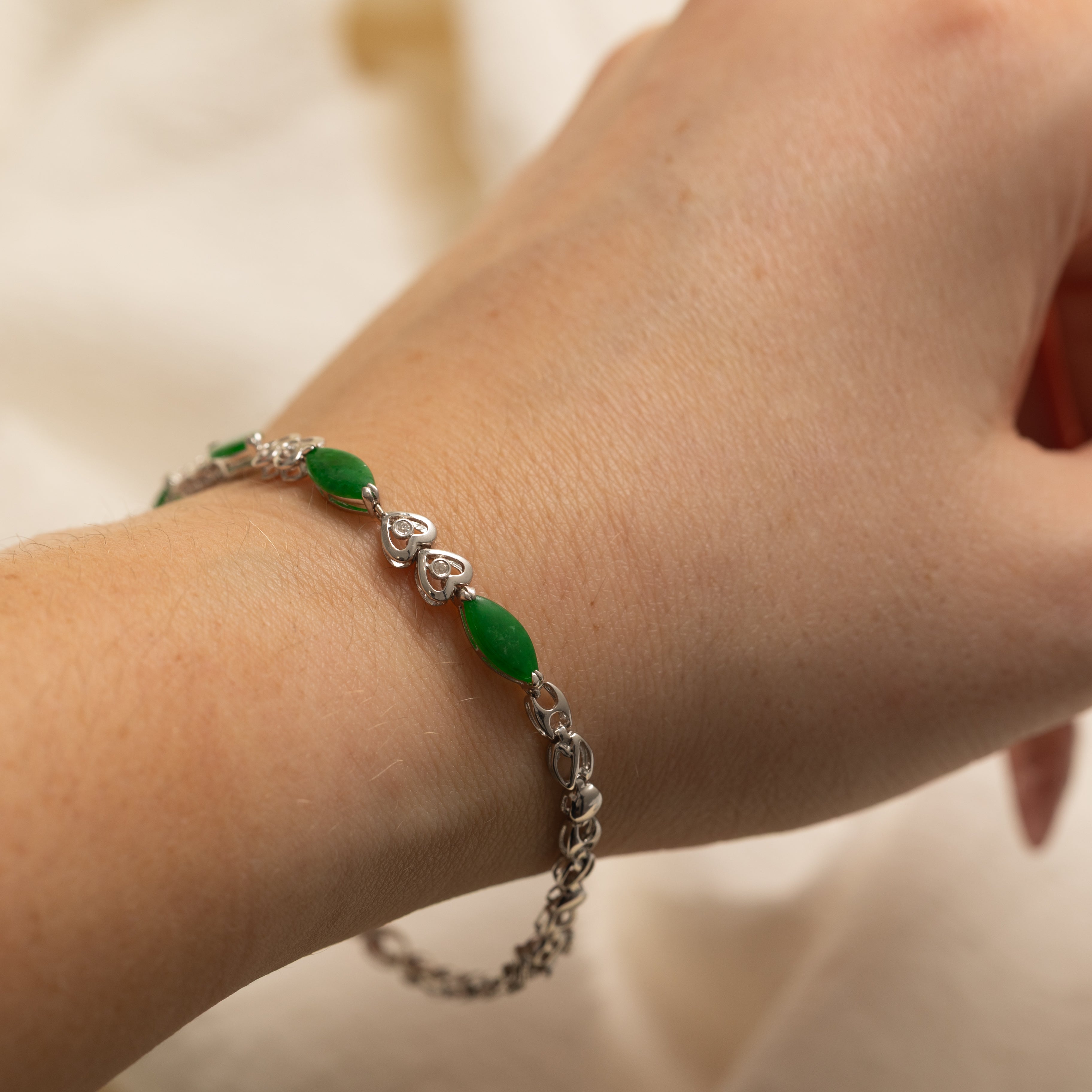 Jade & Diamond Heart Gemstone Bracelet | 2.1ctw, 0.05ctw | 7.25" |