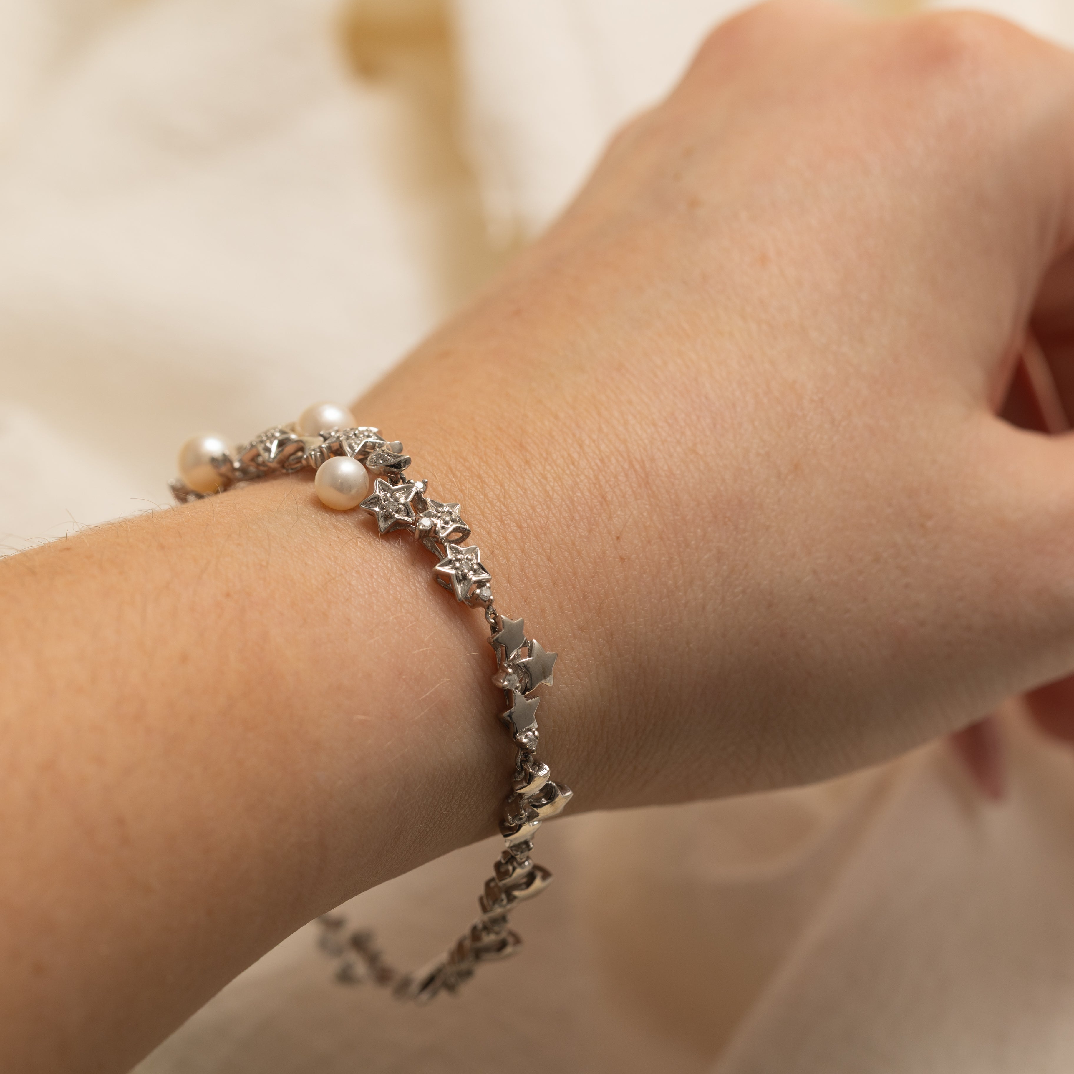 Pearl & Diamond Star & Moon Gemstone Bracelet | 0.3ctw | 7.5" |
