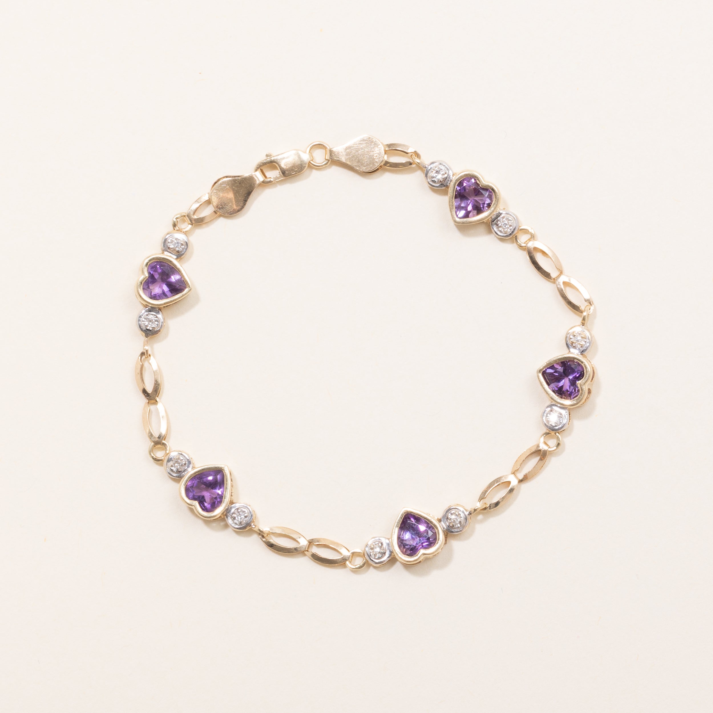 Bezel Set Heart Cut Amethyst & Diamond Gemstone Bracelet | 3.25ctw, 0.05ctw | 6.75" |