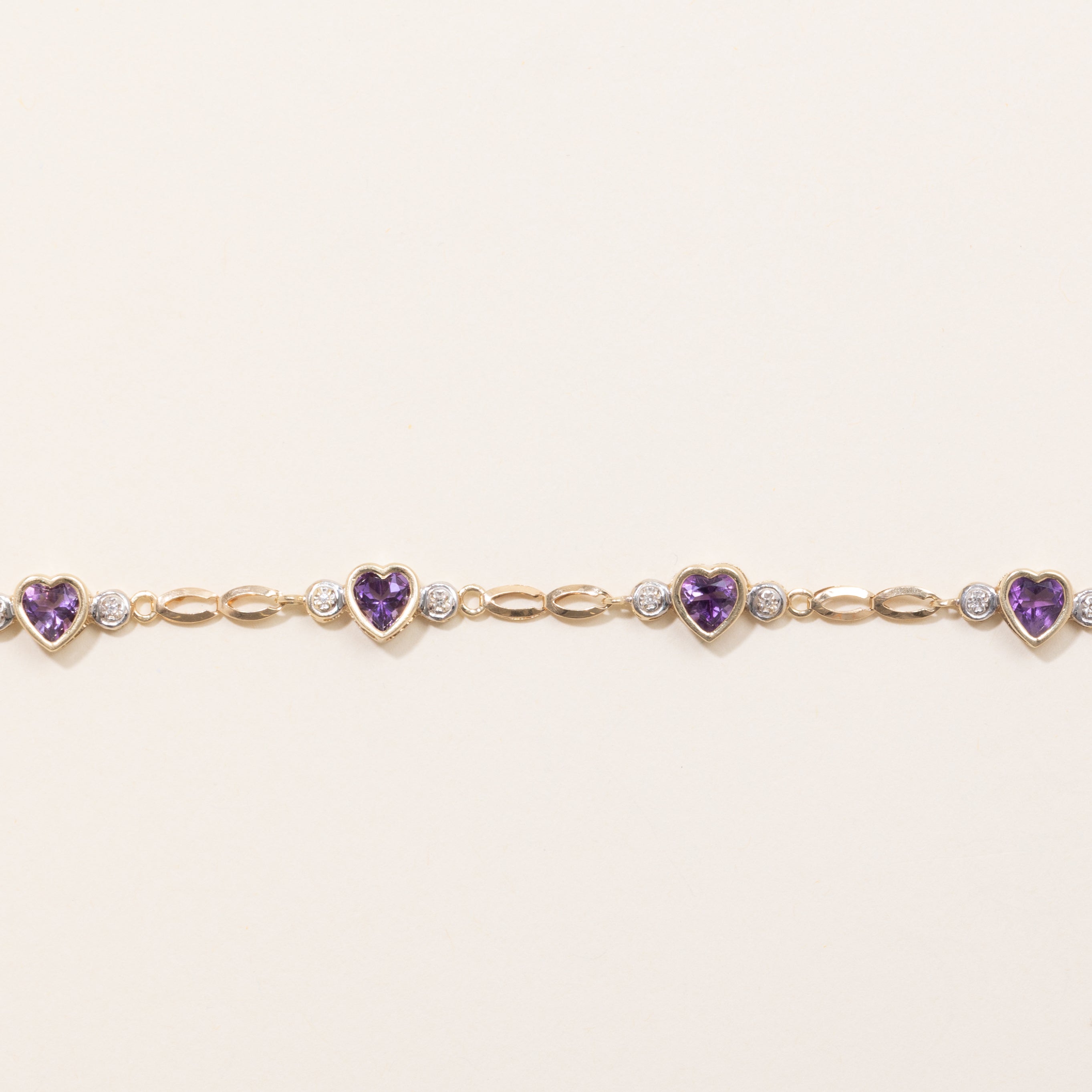 Bezel Set Heart Cut Amethyst & Diamond Gemstone Bracelet | 3.25ctw, 0.05ctw | 6.75" |